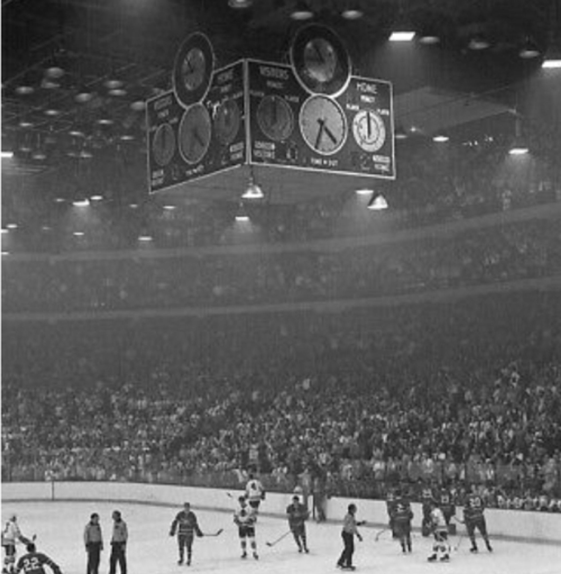 Chicago Stadium during a hockey game in the 1960s, a haze over the ice