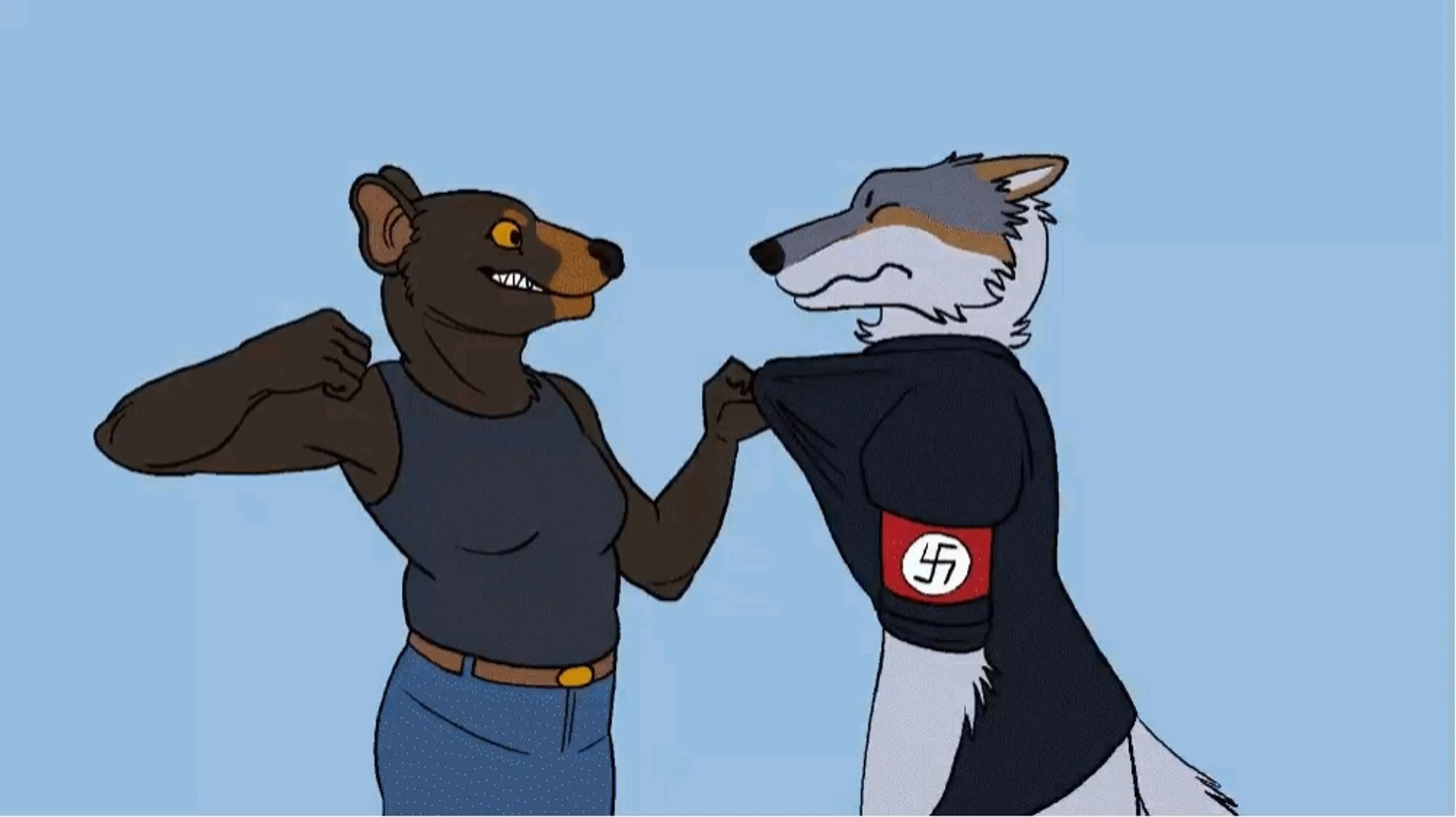 An anthro female wolverine (best guess) punching a most likely male wold wearing an nazi armband