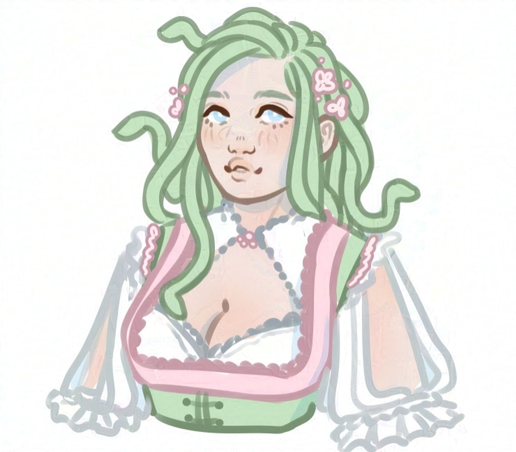 Pust portrait of a gorgon, a girl with snake as hair, wearing a princess like dress. Covered in colours of pastel pink and green