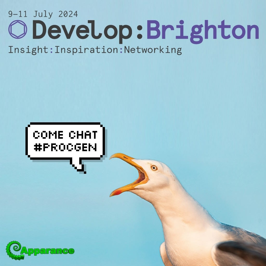 A photo of a seagull squawking and a speech bubble with the text "Come chat #ProcGen"