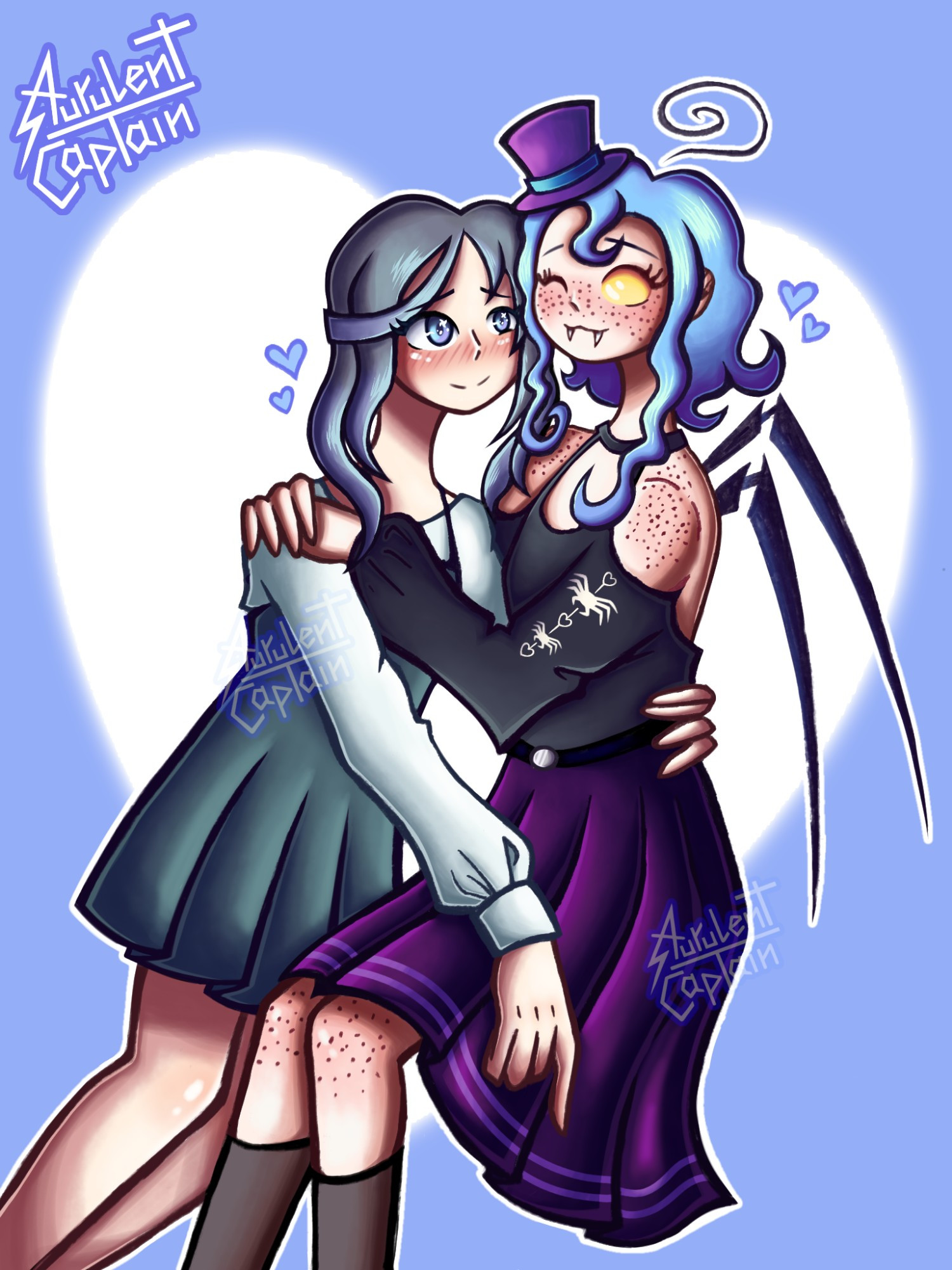 Two OCs. Kua (left) sitting with her girlfriend Risu (right), hugging and being in love with each other. Same as the other picture, but without a light filter.