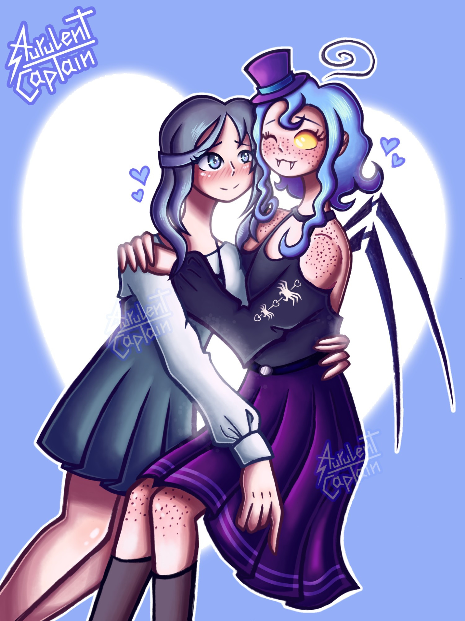 Two OCs. Kua (left) sitting with her girlfriend Risu (right), hugging and being in love with each other.