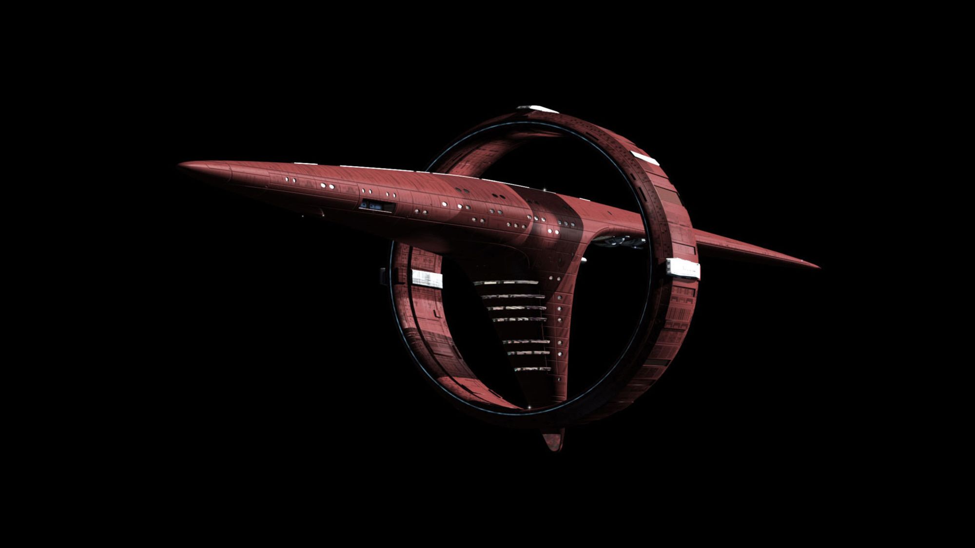 A vulcan ship, a sleek aerodynamic hull with a shark fin connecting to a warp ring.