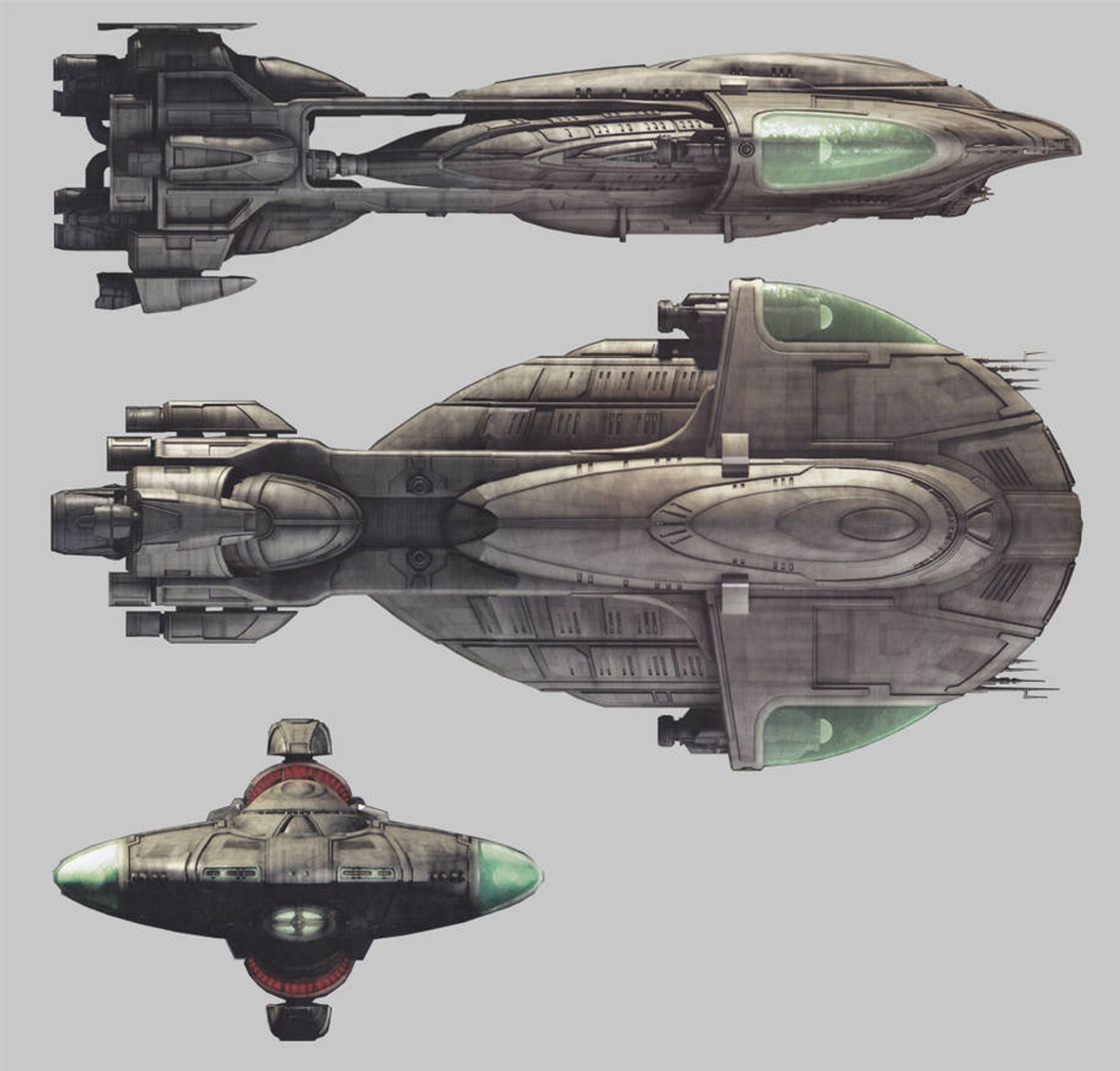 A tellarite ship from three perspectives, a squashed egg of a hull with warp nacelles inside green sections on either side with a seperate convention/impulse engine section connected to the back by long horizontal pylons.