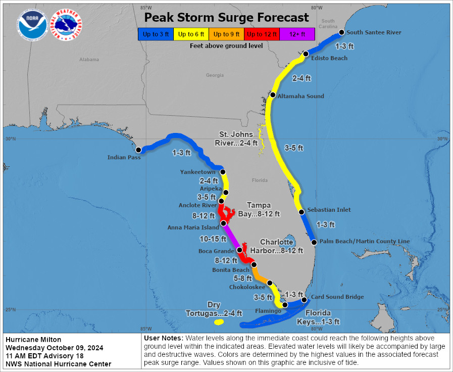 the NOAA Peak Storm Surge Forecast map, showing highest (10-15') between anna maria island and bocca grande, with 8-12' in Tampa Bay and Charlotte Harbor.