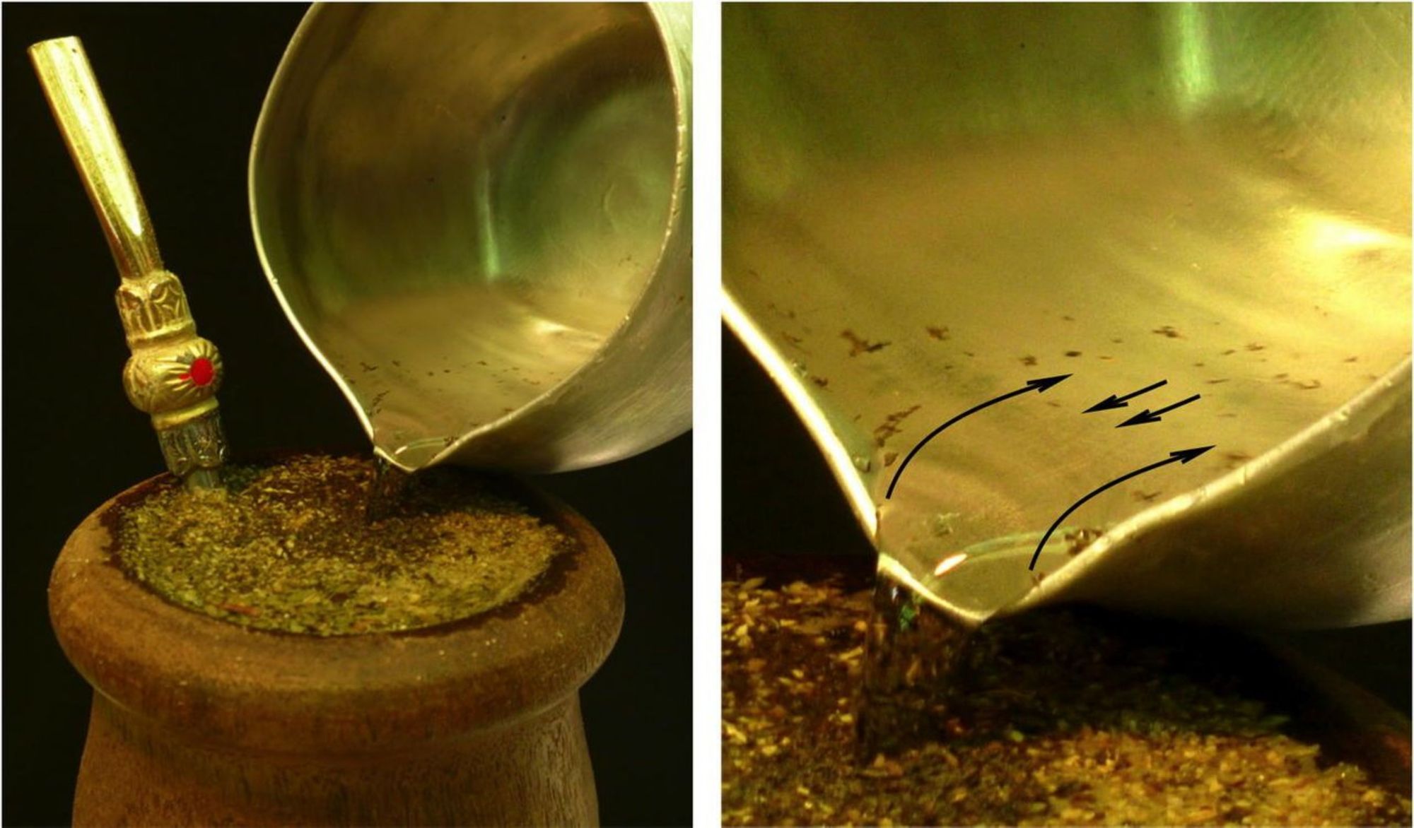 A shot of mate being prepared, with arrows indicating direction of flow, and small particles of tea leaves visible in the pitcher pouring water.