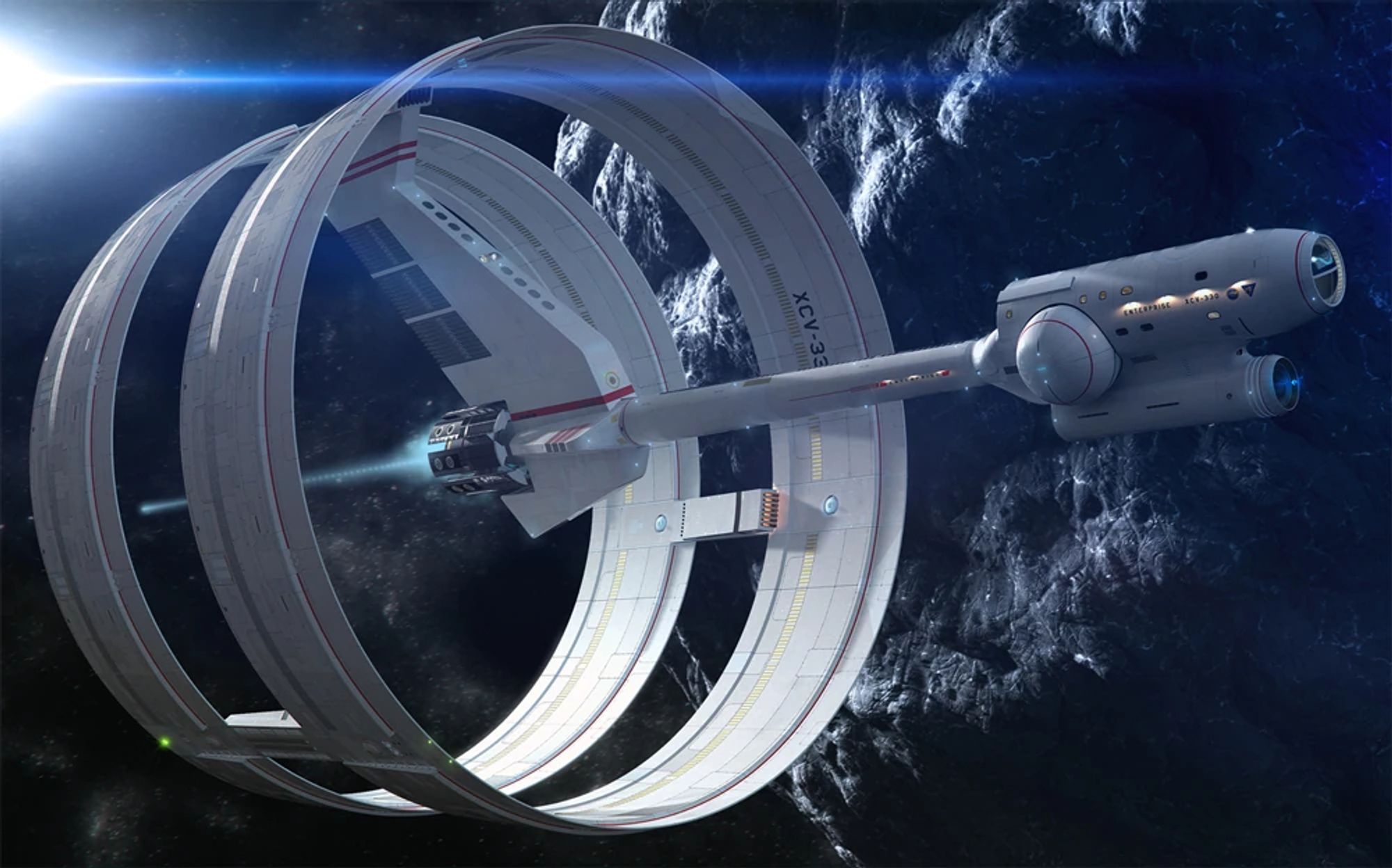 A spaceship with a central column, a command module at the front, and two flat rings surrounding the rear section connected by a single wide nacelle.