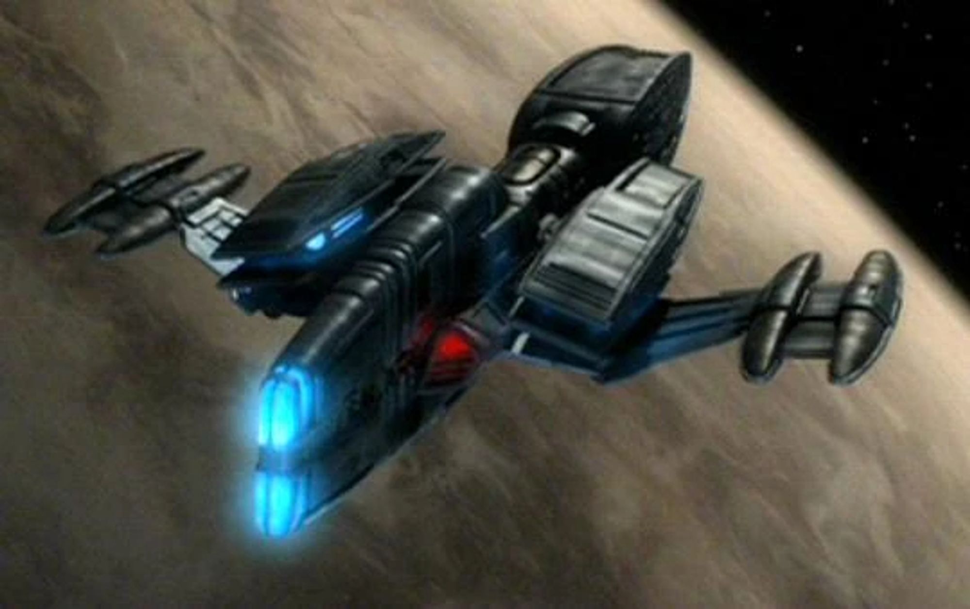 An andorian ship, a raptor-like design with a central fuselage, over-under warp engines on the back of the main column, and wings holding weapons mountings.