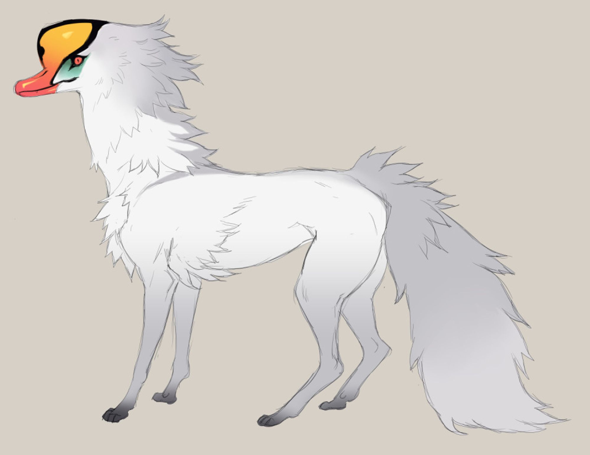 duck like quadrupedal wolf with white fur, with a grey neck and tail. The gradient of grey comes up its thin legs, and its head is of a colorful duck with a huge crest of yellow, orange, and pink. there is teal beneath its eyes, and its eyes are pink.