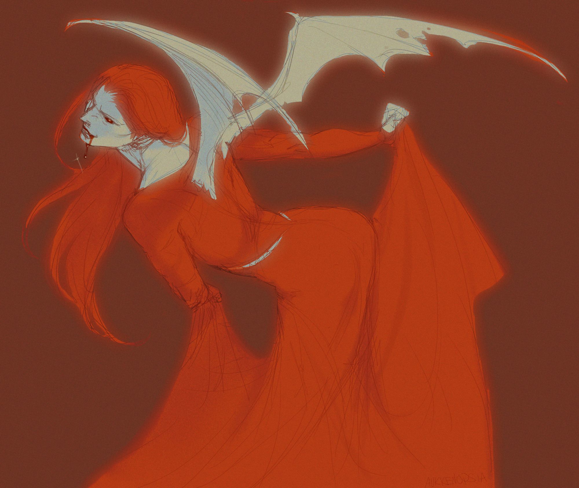 The image shown is digital artwork. The art itself depicts a thin vampire leaned over with a top down perspective looking at their back and the side of their face. The lines are very thinly sketched, erratic. From the figure's back sprouts two hairless tattered bat wings. The primary colors are a neon orange-red hue, on a de-saturated brown background. His skin is pale and yellowy, with an ice blue shadow. The image gives off a VHS glow with lots of visible grain textures overlaid.