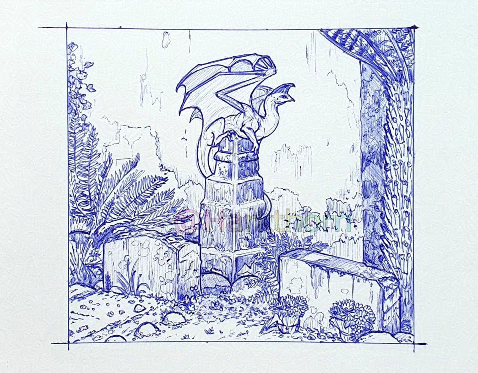 A blue ballpoint sketch of a little dragon perched atop a small, partly broken stone feature in a small graveyard, with two little graves in the foreground. There are two flower offerings on the right grave, but otherwise the area appears overgrown and neglected or forgotten