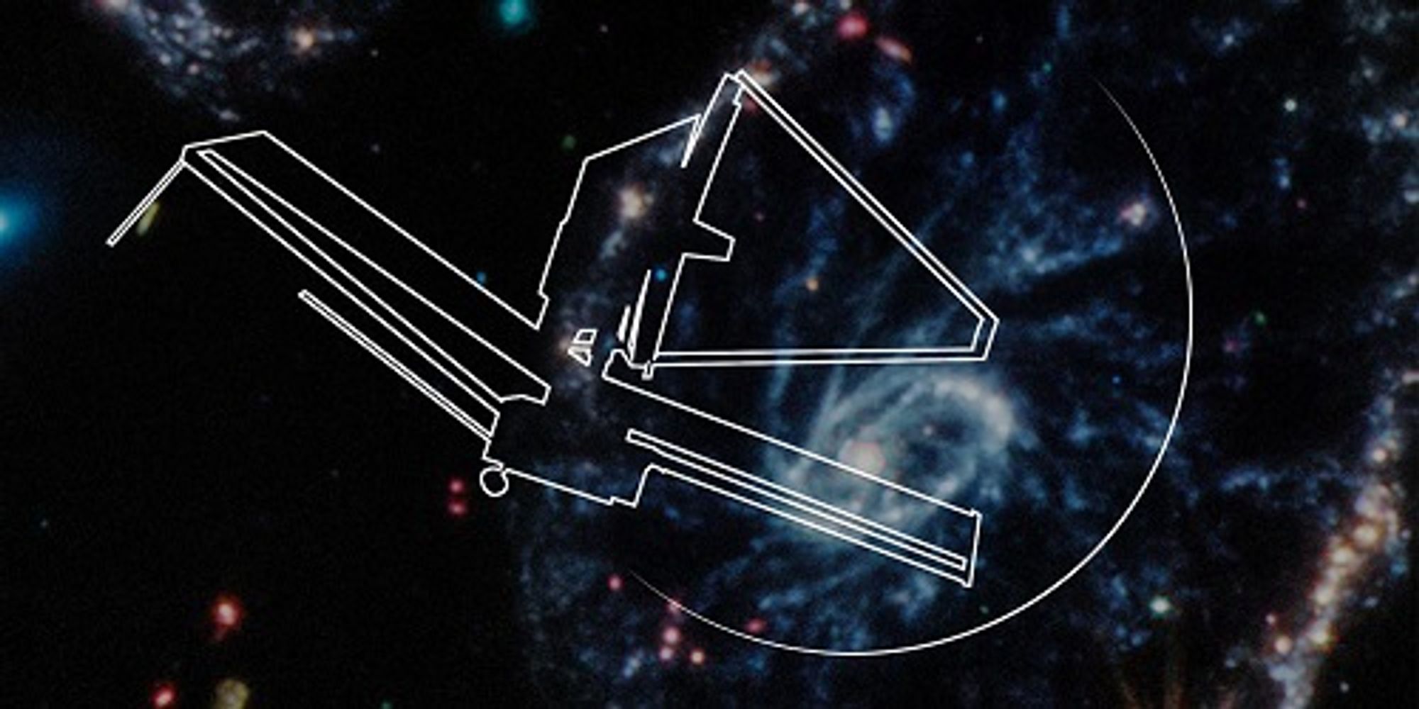 Line drawing of JWST on a background of the Cartwheel Galaxy observed by JWST using MIRI