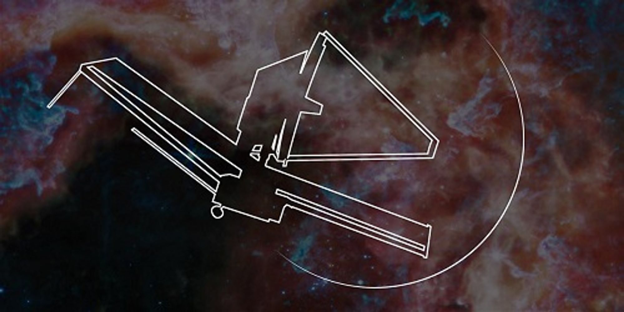 Line drawing of JWST on a background of the Tarantula Nebula observed by JWST using MIRI