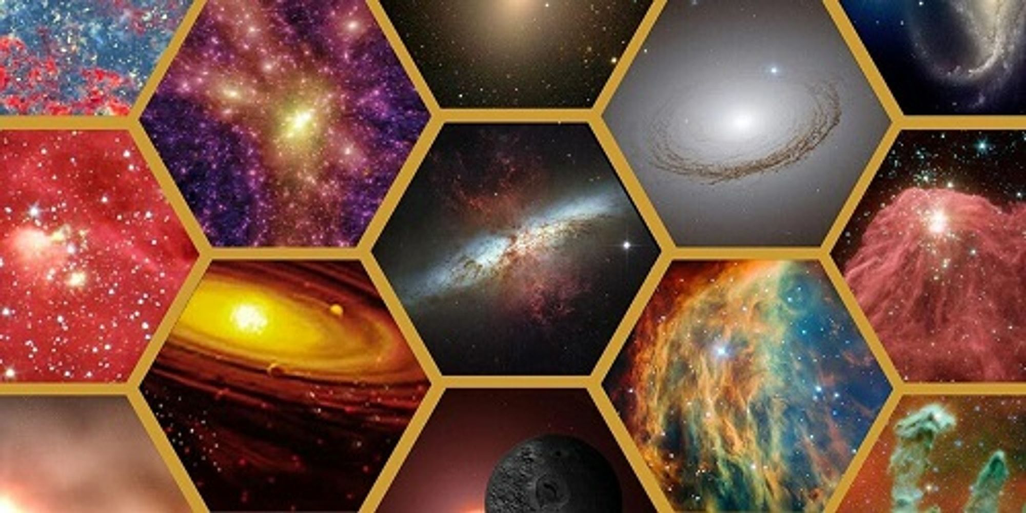 Magnified view of hexagonal shapes showing various space images illustrating JWST's science themes