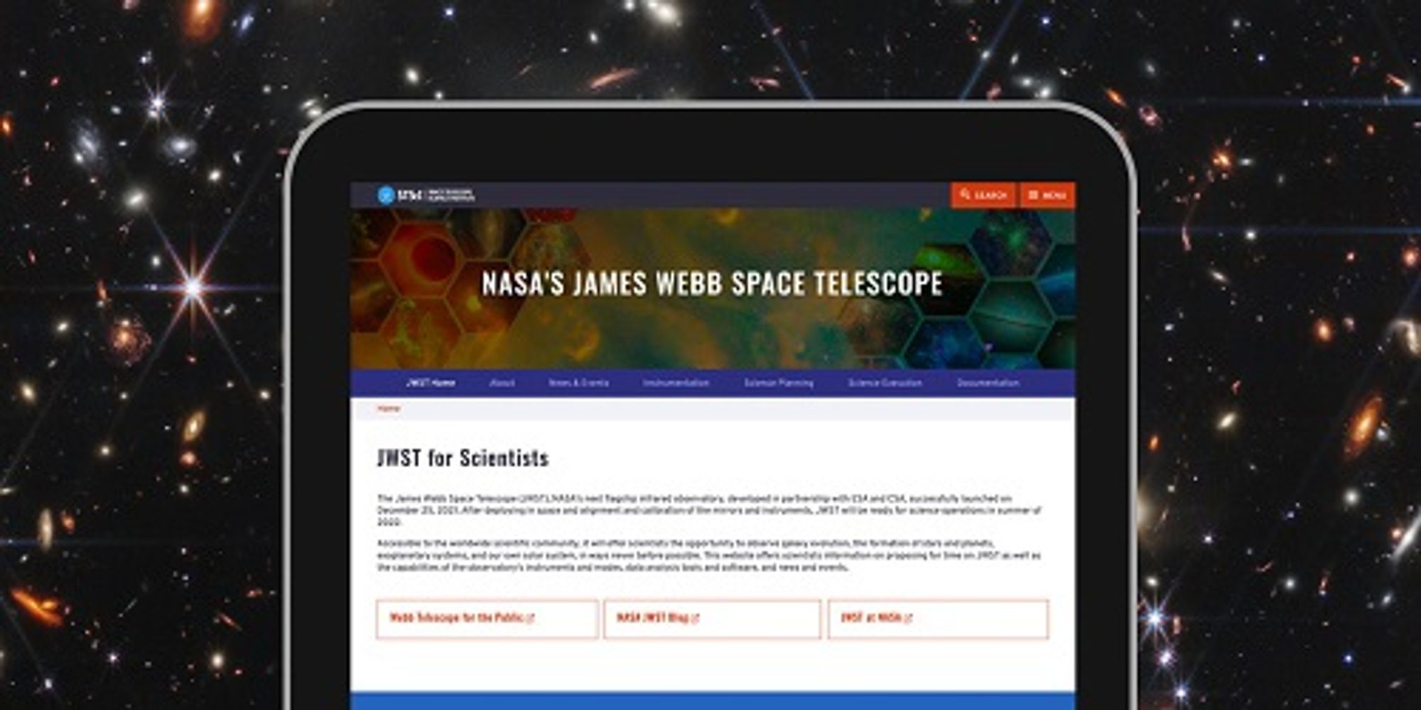 Screenshot of landing page of JWST for Scientists website showing tablet view of webpage on a starry background