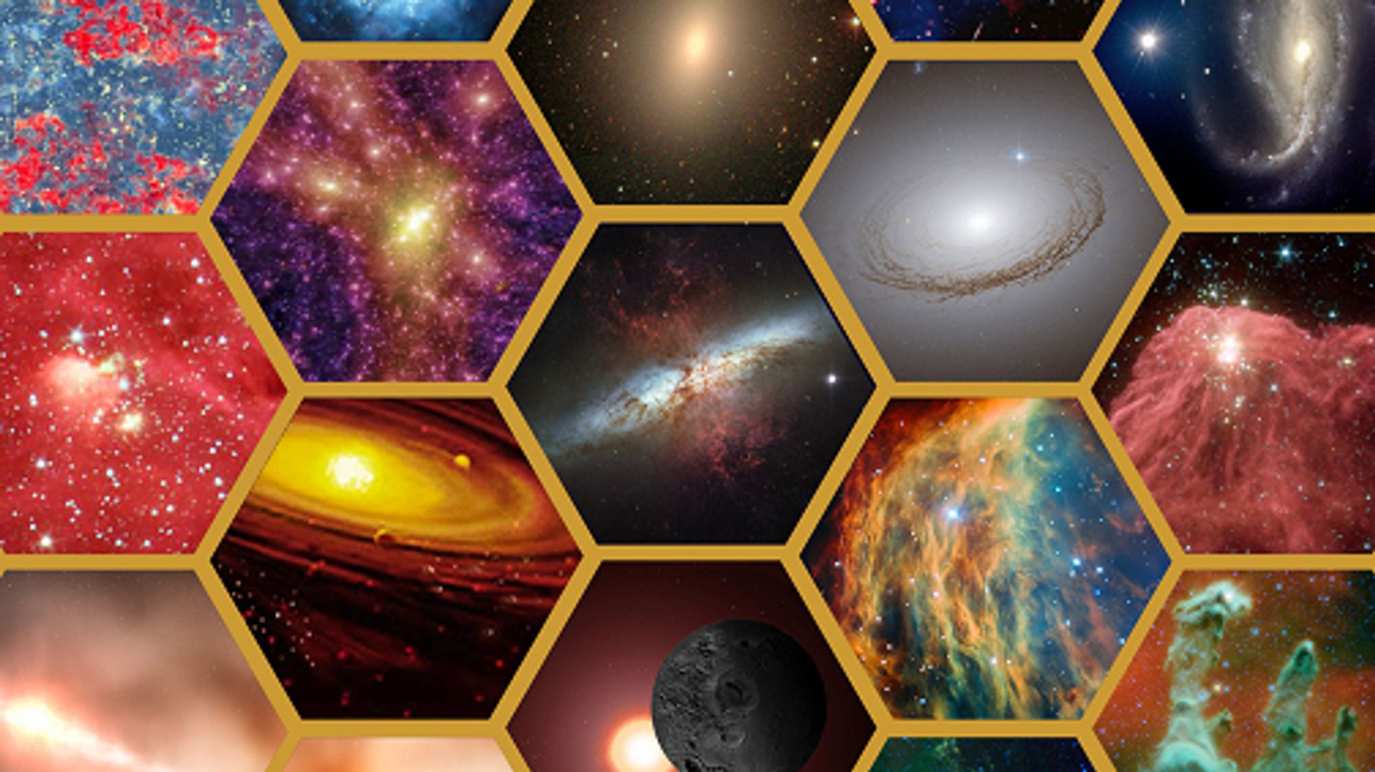 Magnified view of hexagonal shapes showing various space images illustrating JWST's science themes