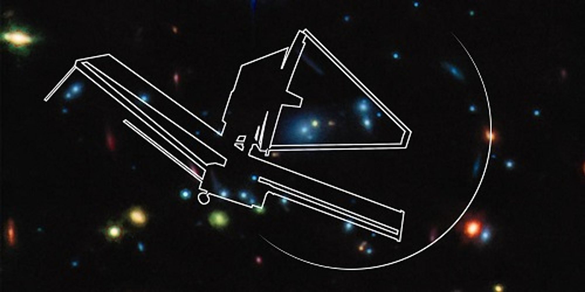 Line drawing of JWST on a background of the Deep Field observed by JWST using MIRI