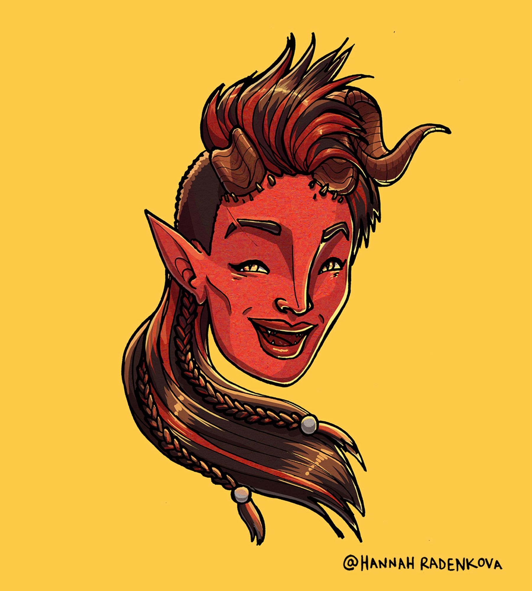 Image description: two pictures of a tiefling woman, with red skin, pointed ears, fangs, yellow eyes, black and red hair that’s shaved on the sides, and with curling horns sprouting from her hair, although one’s been broken.
In the first image she smiles an open mouth grin against a yellow background, and in the second she snarls against a red background in her barbarian’s rage. (If you don’t know DnD that’s a feature of a certain type of fighter.) End.