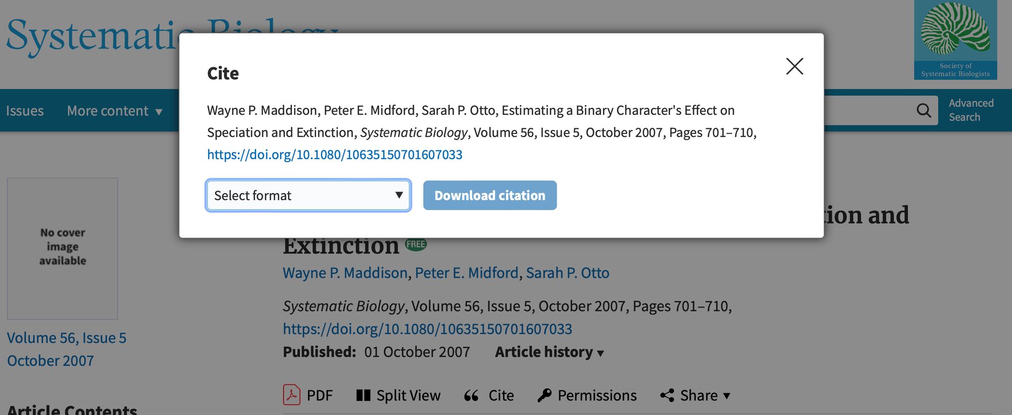 An image of Maddison et al (2007) from Systematic Biology with a floating window showing the full citation, "Wayne P. Maddison, Peter E. Midford, Sarah P. Otto, Estimating a Binary Character's Effect on Speciation and Extinction, Systematic Biology, Volume 56, Issue 5, October 2007, Pages 701–710, https://doi.org/10.1080/10635150701607033"