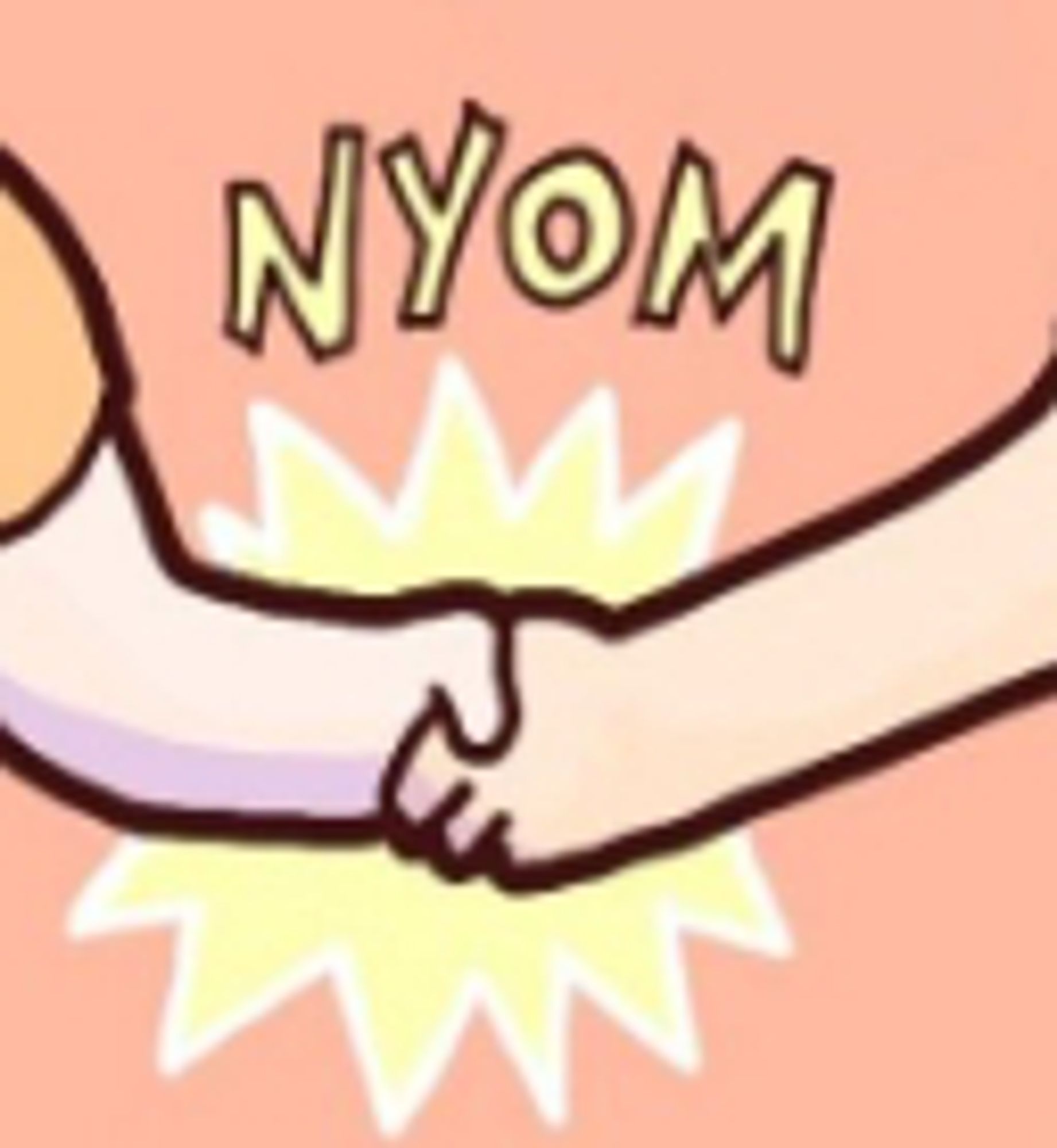 A zoom-in of part of the comic. The handshake where baldness is passed on has a "NYOM" sound.