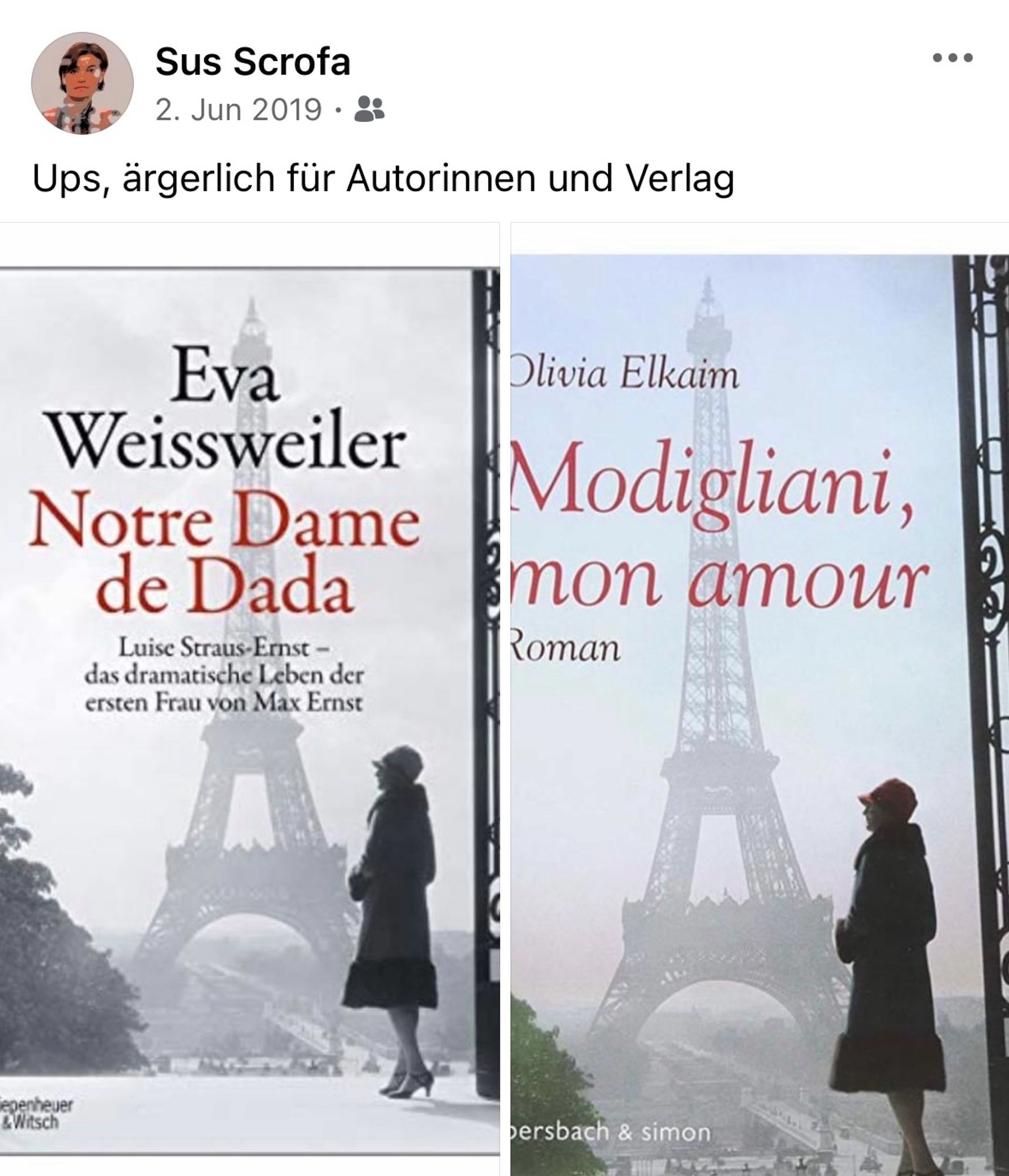 Das Bild zeigt zwei Bücher, welche beide das selbe Titelfoto haben, eine elegante Frau in einem Zwanzigerjahre Outfit mit dem Eiffelturm im Hintergrund. 
Das eine ist “Notre Dame de Dada“ von Eva Weissweiler, das andere „Modigliani, Mon amour“ von Olivia Elkaim