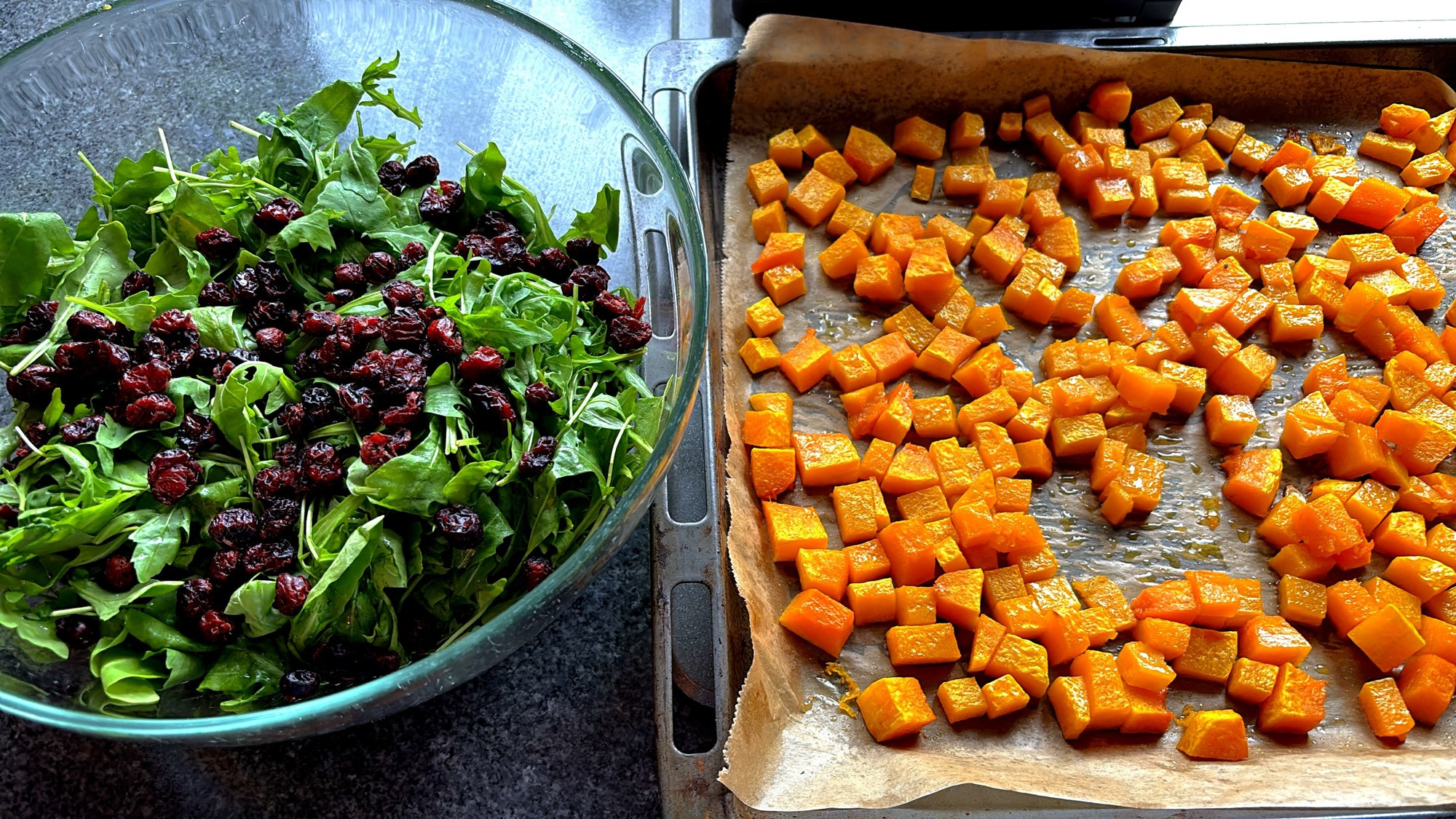 Rucola und Cranberrys in einer Schüssel, gewürfelter, gebacken und gegrillter Butternut Kürbis. 