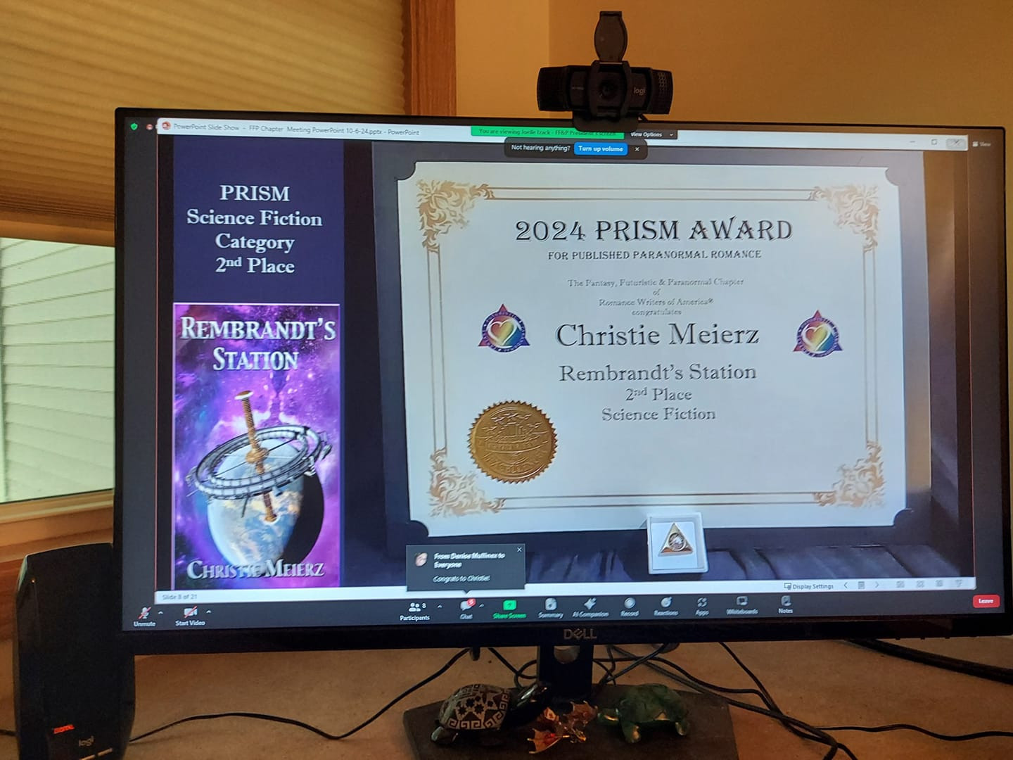 Picture of 2024 PRISM Award 2nd Place certificate and pin, for Rembrandt's Station by Christie Meierz