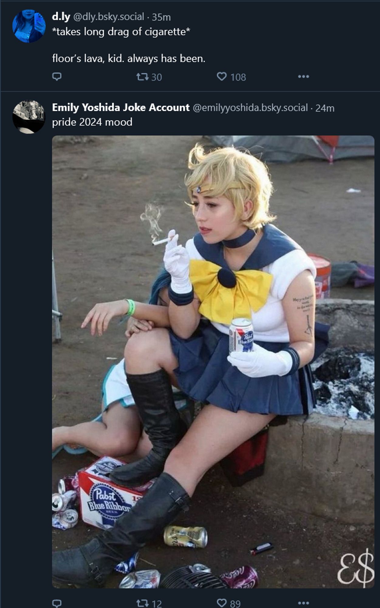 Image of bluesky's discovery feed with the original post above an image of a person sitting down, in sailor moon cosplay, with a beer on their left hand around their waist and a lit cigarette on their right hand close to their mouth.