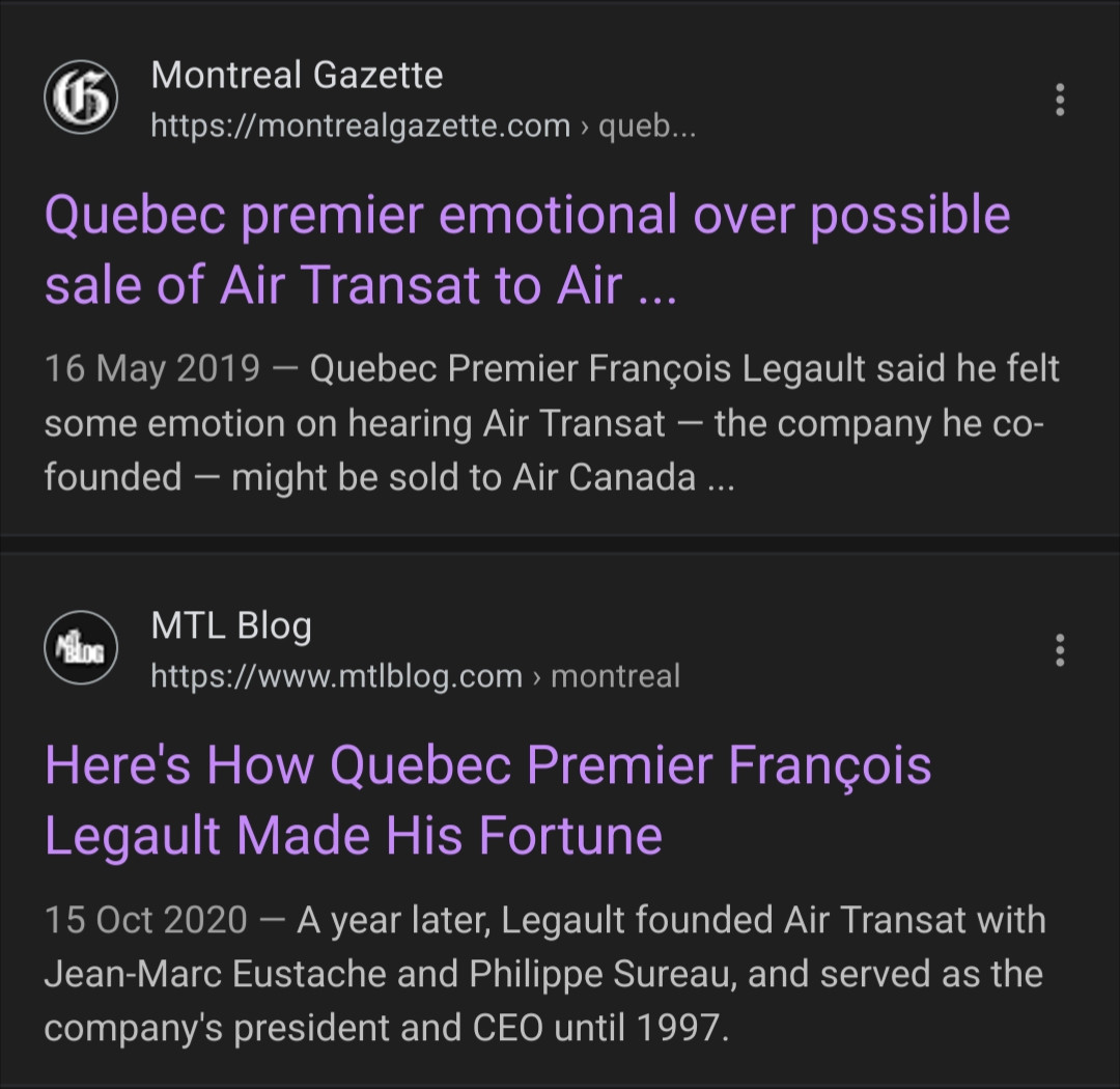 Articles about Legault being emotional over selling his shares of Air Transat which he co-founded 