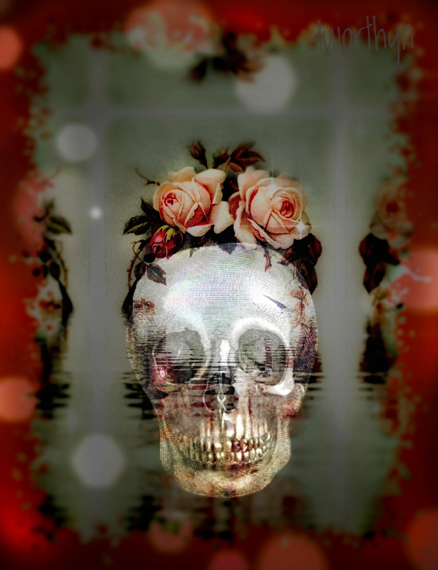 Skeleton face with peachy orange flower crown surrounded by greenish gray background and a orangey border.