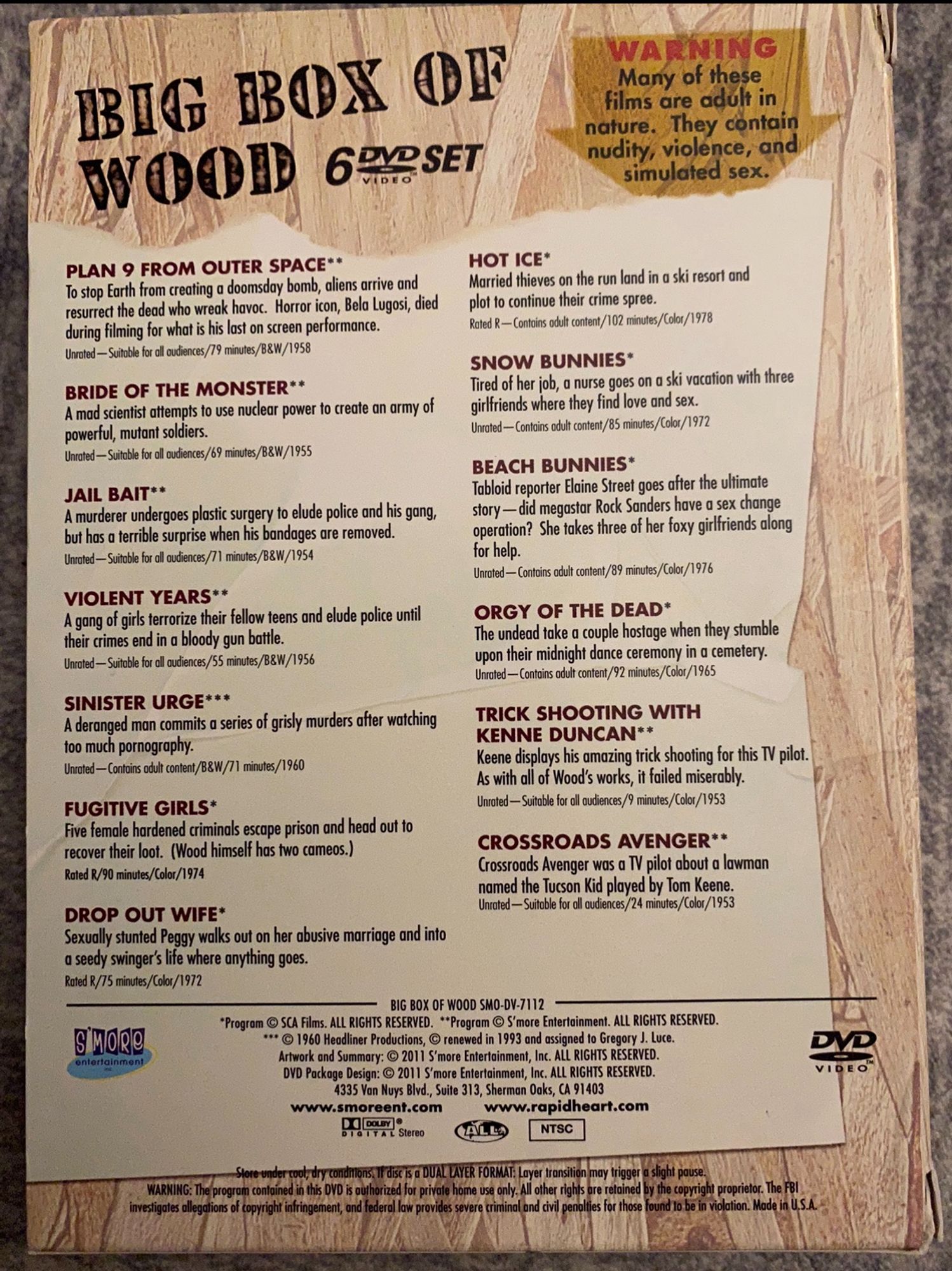 A listing of the movies in the Big Box of Wood box set