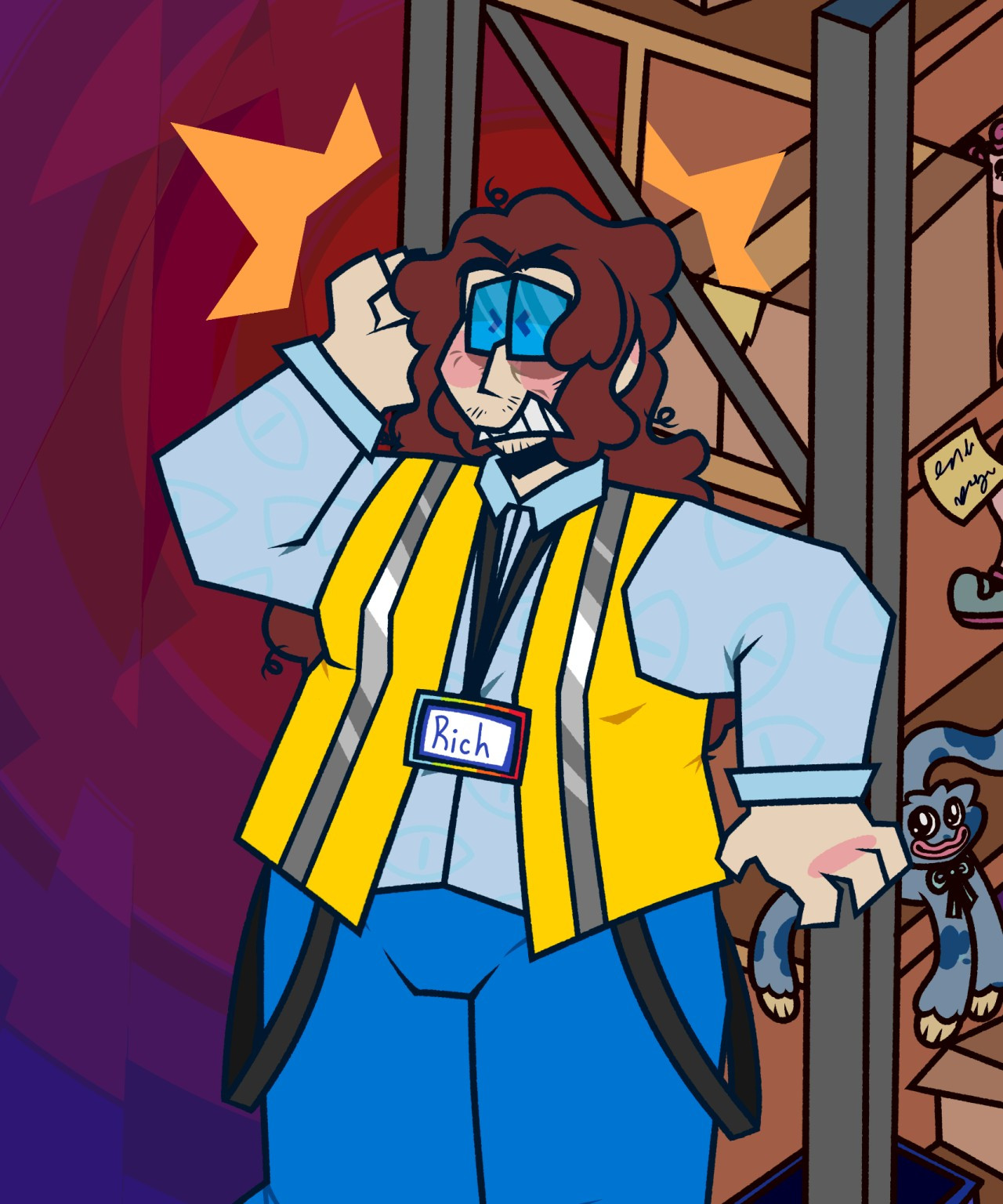 A digital cartoon drawing of Rich from Poppy Playtime, an adult man with long brown hair wearing a bright yellow safety vest, nametag, baby blue button-up shirt, and blue pants, grimacing and holding his head with a shelf of boxes, bins, and toys behind him.