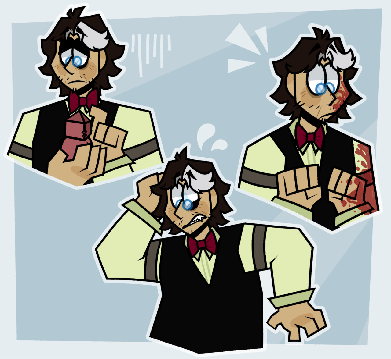 Three digital cartoon drawings of Simon Petrikov from Adventure Time, a slightly unshaven older man with shoulder-length brown hair with white/gray streaks wearing a red bow tie, dark vest, tan dress shirt, and small circular glasses. The first drawing shows him holding a statue of Golb and looking at it sadly. The second shows him holding his head with a panicked expression. The third shows him with some blood splattered on his face and clothes, looking surprised.