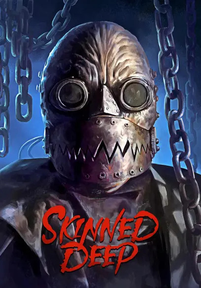 Movie poster for Skinned Deep featuring a painting of a strange creature with a metal toothed mouth and round goggles for eyes we're a gray coat with chains hanging from the ceiling above him.