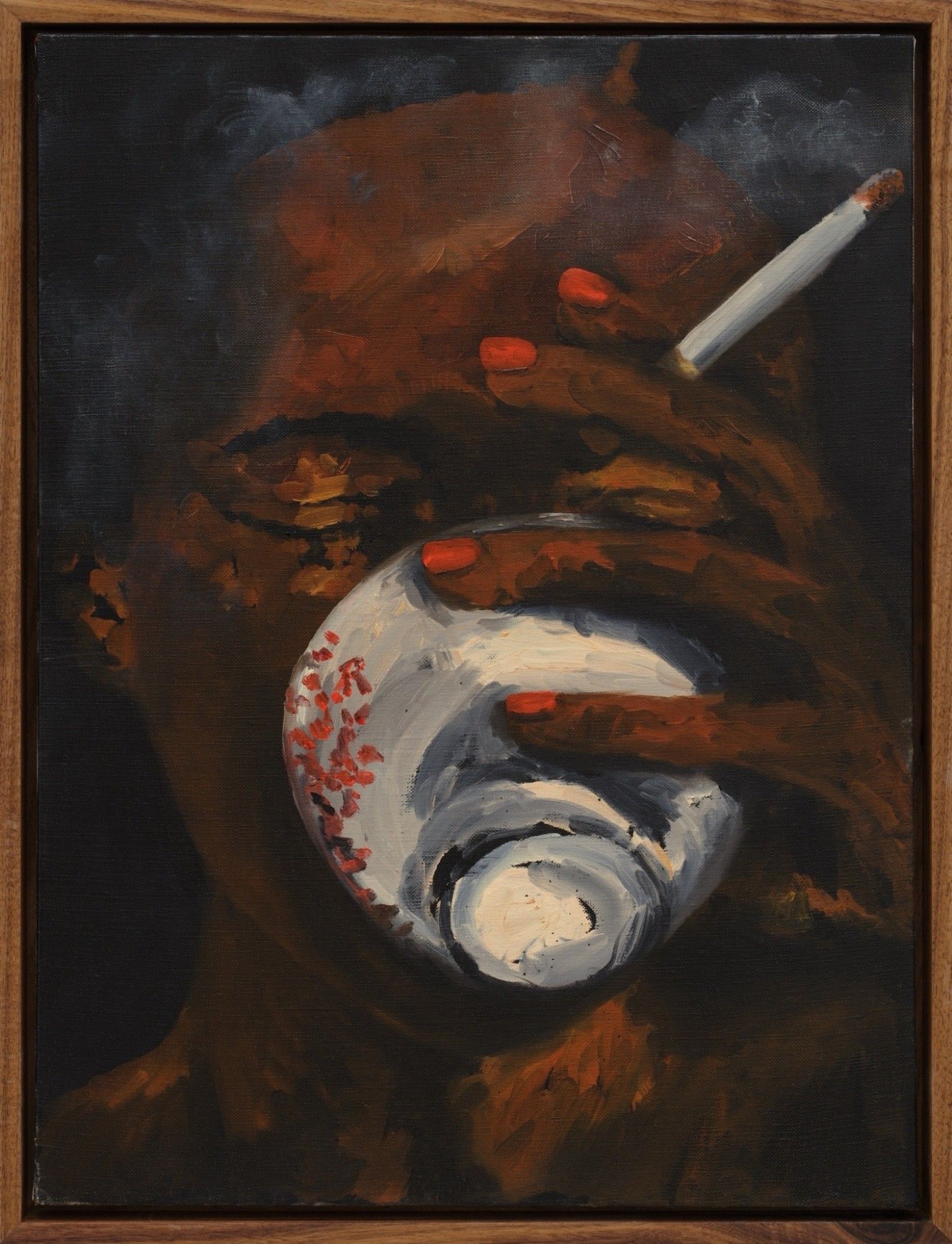 painting of a brown-skin person with red fingernails drinking from a white tea cup while holding a cigarette