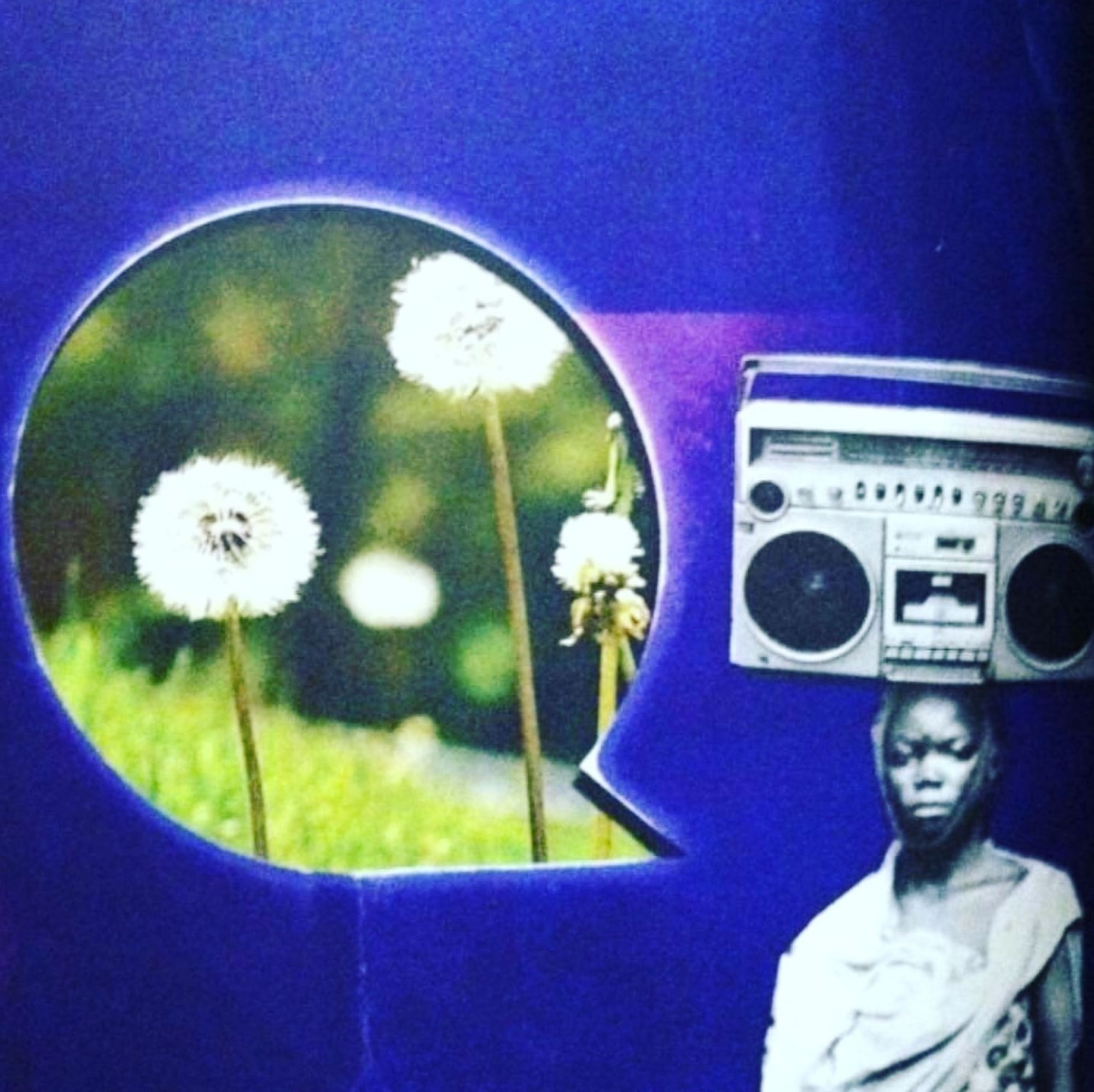 digital collage. a woman carries a boombox on her head against a background of dark purple paper. to her side is a cut out word bubble within which is a field with white dandelions.