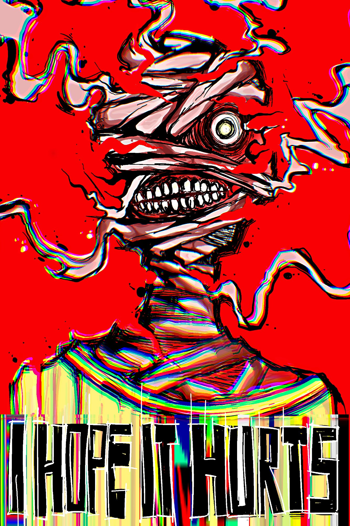 Resemblance of a disfigured man, on a red background and text that reads "I hope it hurts". Curly is a character from the indie horror game "Mouthwashing".