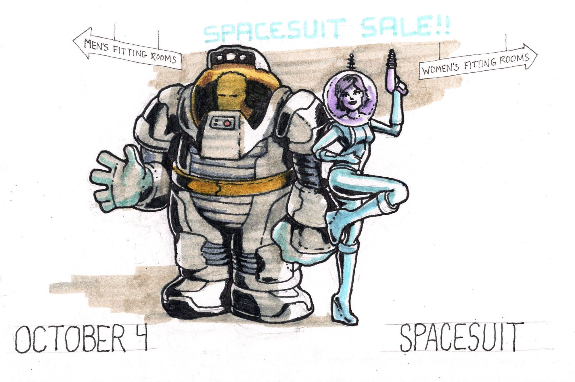 An illustration of a man in a bulky spacesuit standing next to a woman in a tight fitting spacesuit.