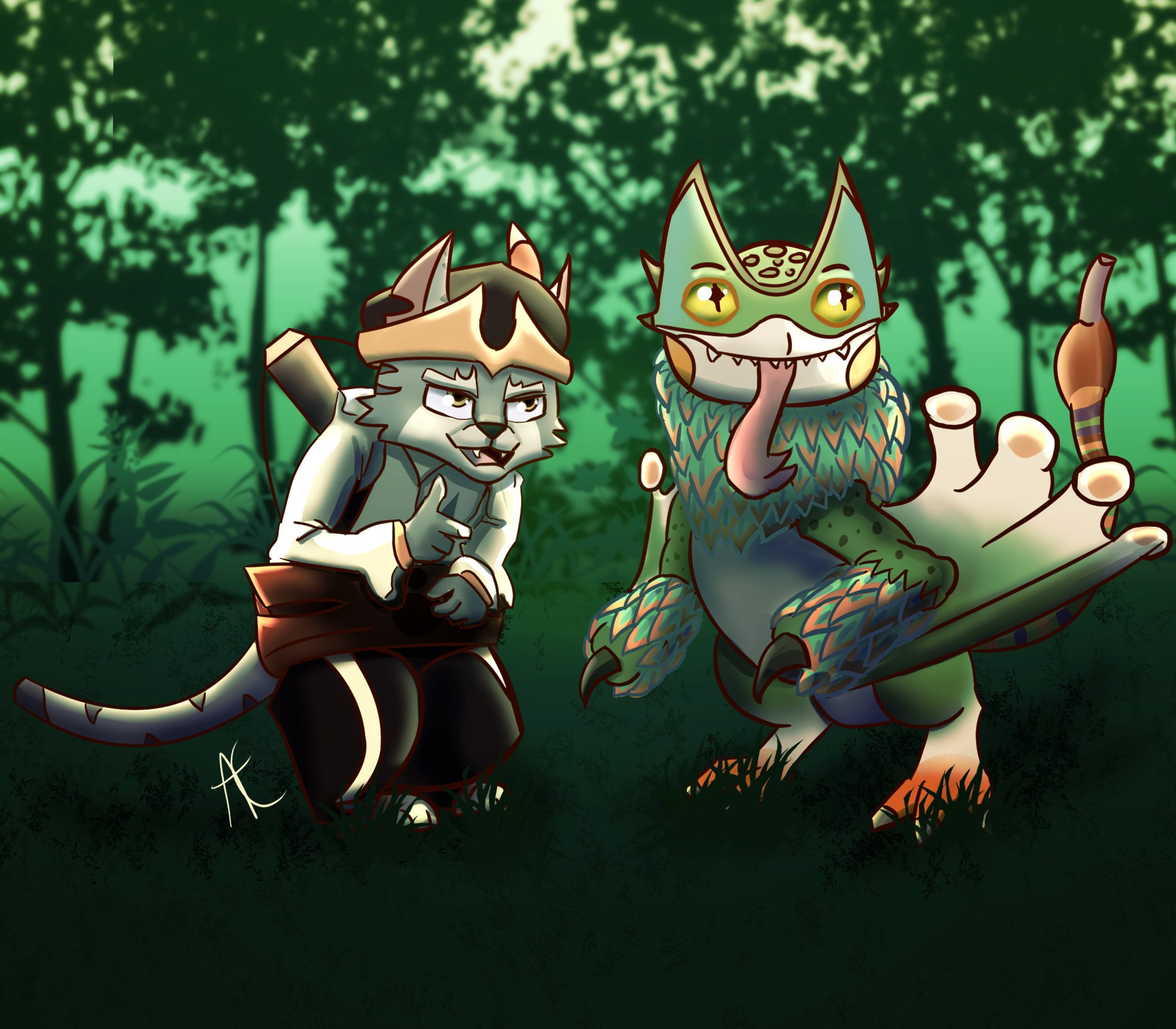 A grey tabby cat/goblinoid creature in a pirate outfit stalking in thick grass in a wooded area with a feathery chameleon colored feathered Wyvern