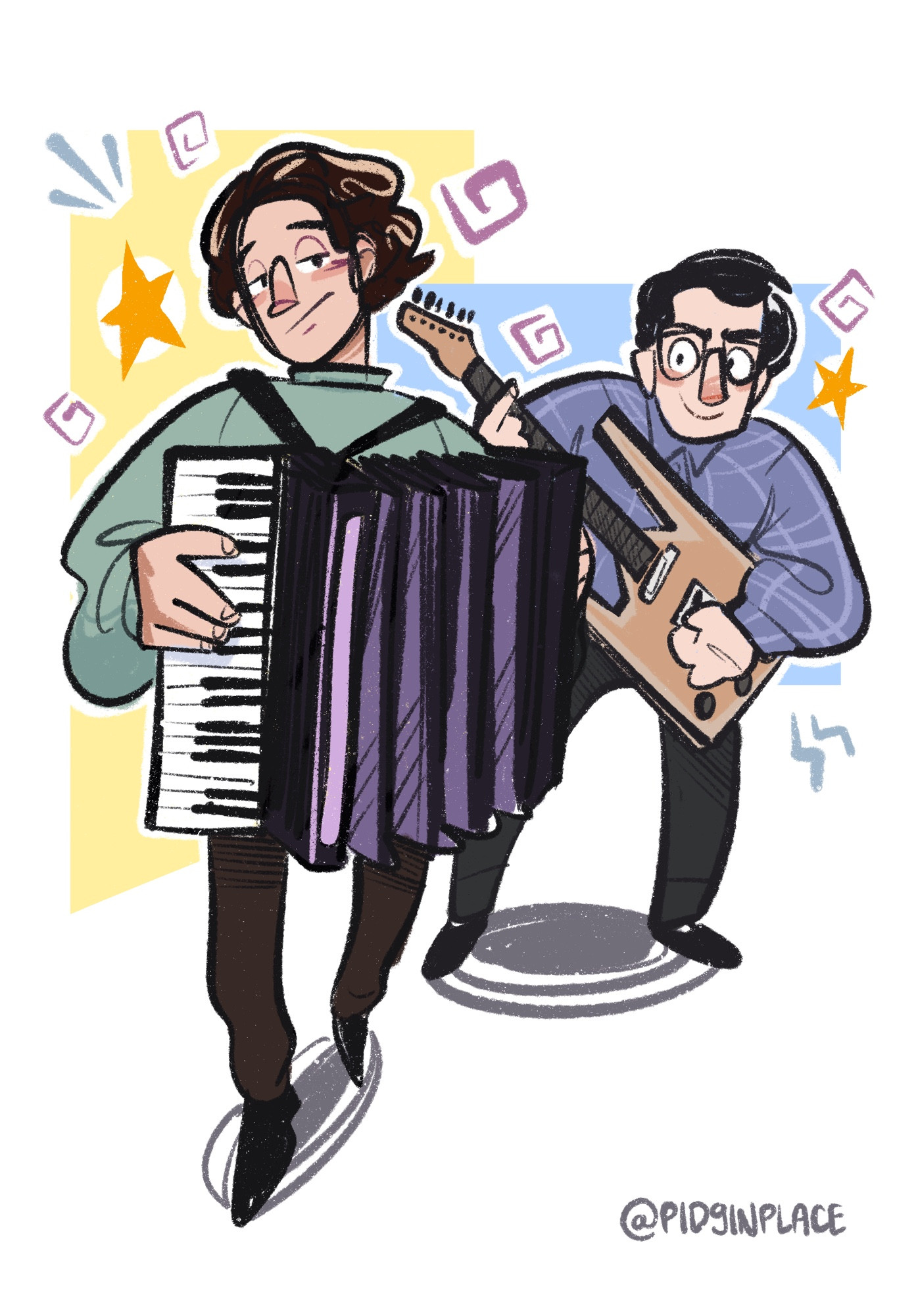 Drawing of the Johns. Linnell in a green turtle neck playing accordion next to Flansburgh in blue strumming his Mojo Chessmaster guitar.