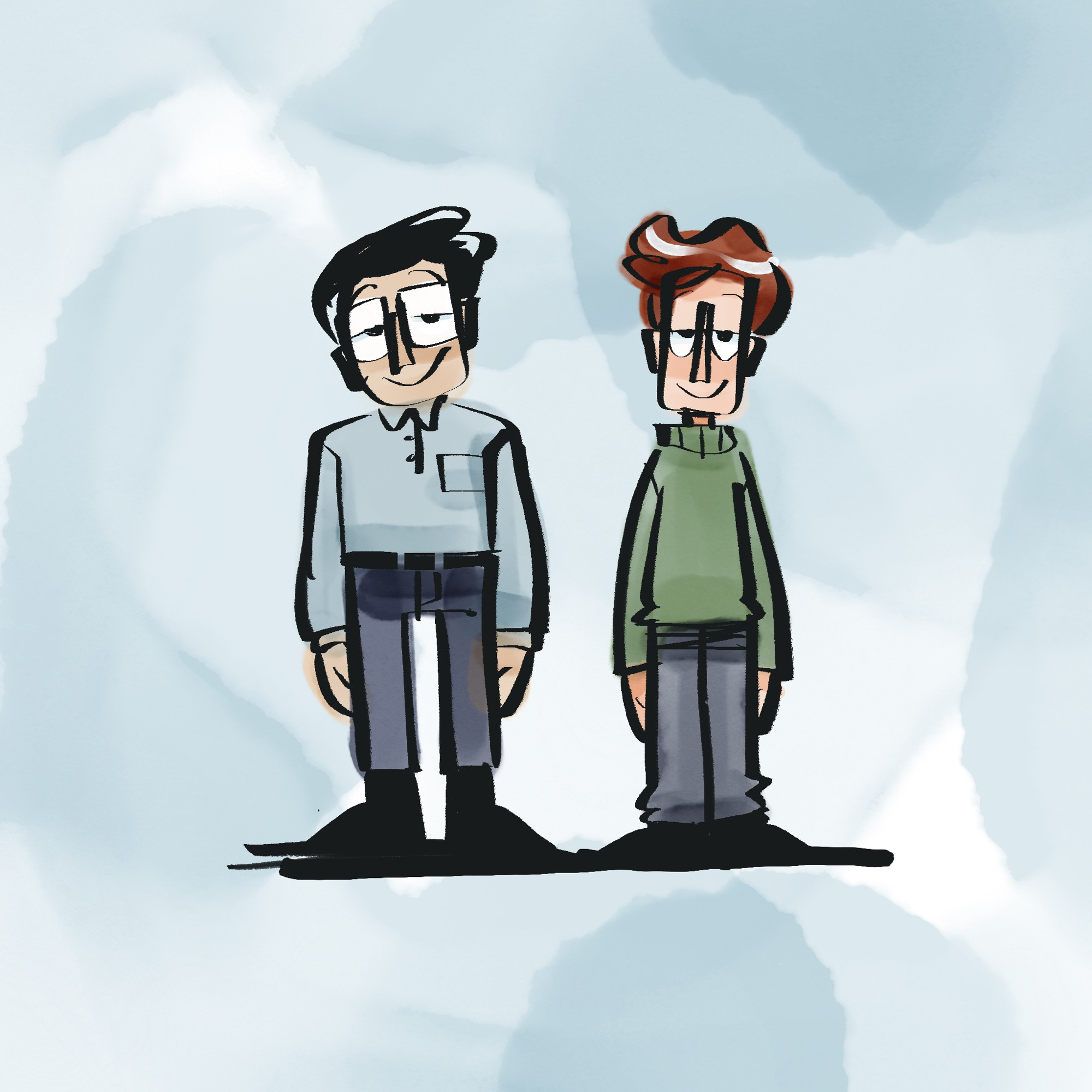 The two Johns in a watercolor style, just standing there.