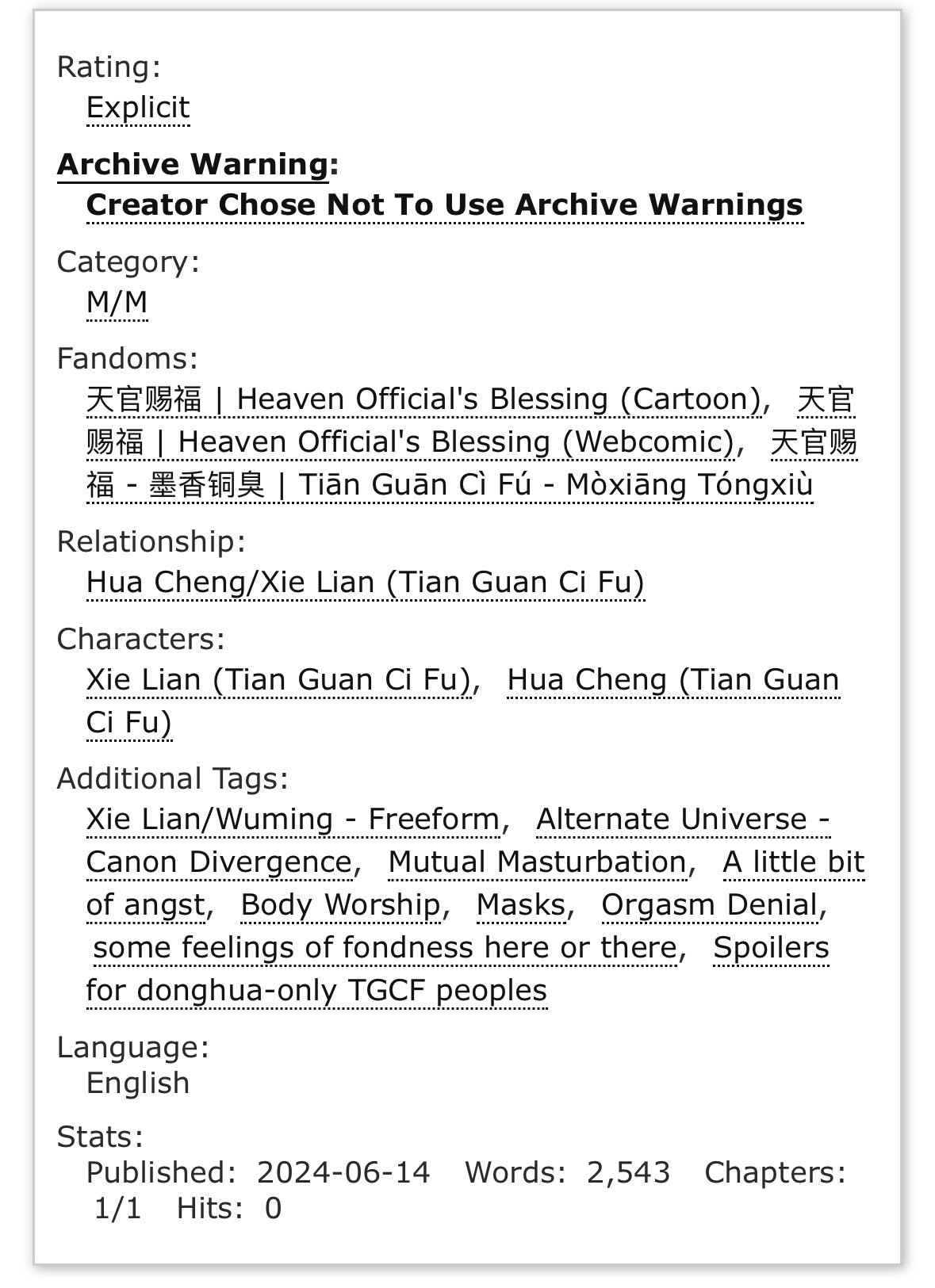 The archive warnings, category and tags for the aforementioned fic - the link for which can be found in the post reply below.