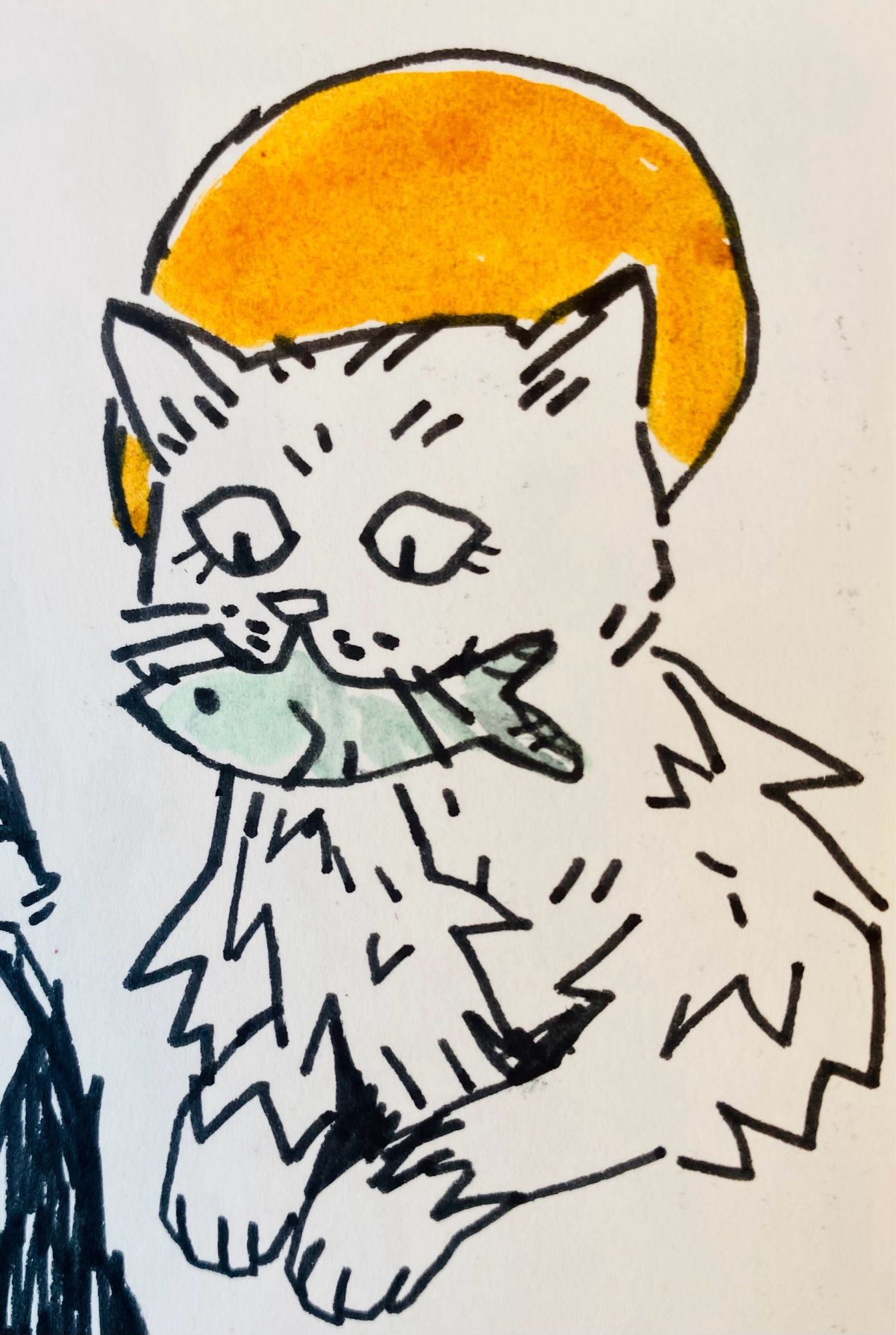 Ink drawing of a fluffy cat with a gold/orange halo around his head. looking down at the fish (coloured pale blue) he holds in his mouth