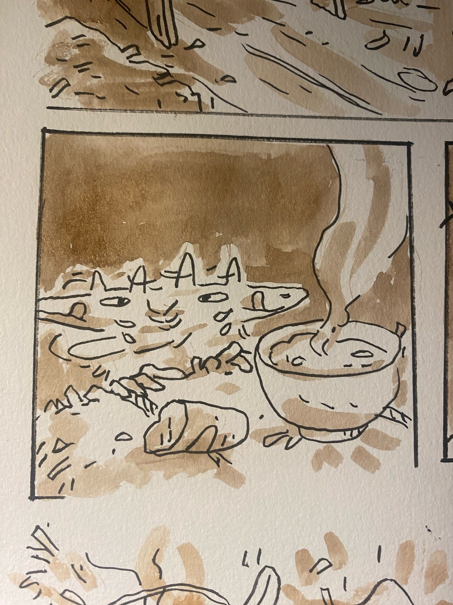 A small fox person creeps at a hay bale, atop which sits a soup and portion of bread. She is licking her lips, looking left to right for interlopers