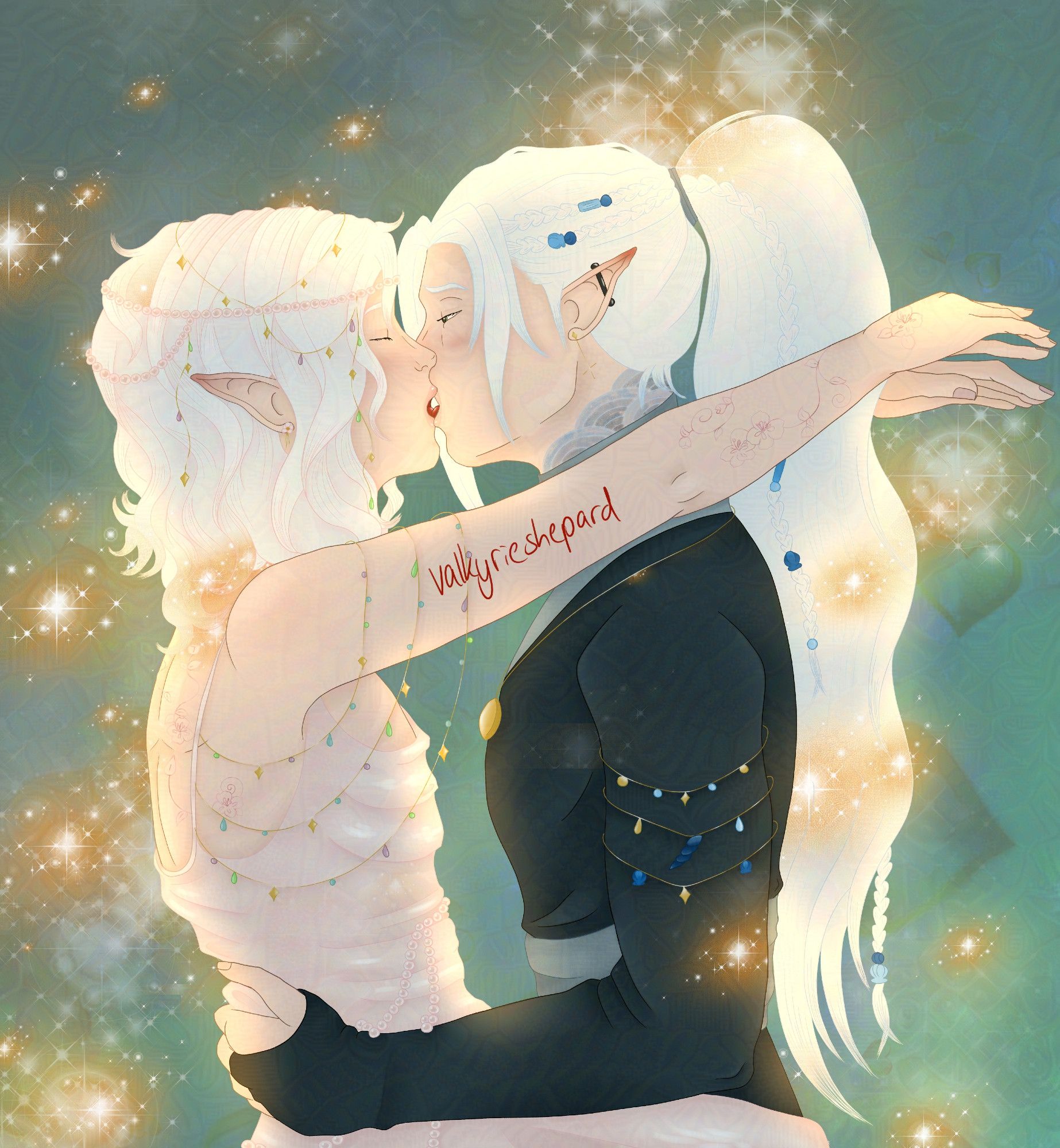 ocs paul and zev, twins, kissing in romantic lighting, both have white hair