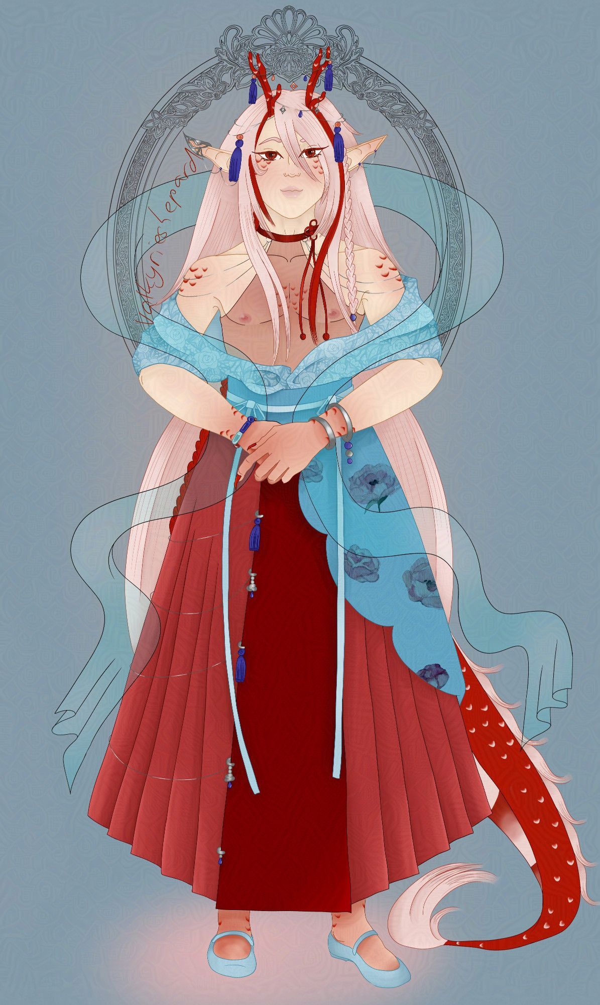 Character design of xue, a pale east Asian feminine man with red dragon horns and tail. He has pink hair and wears a red and blue hanfu