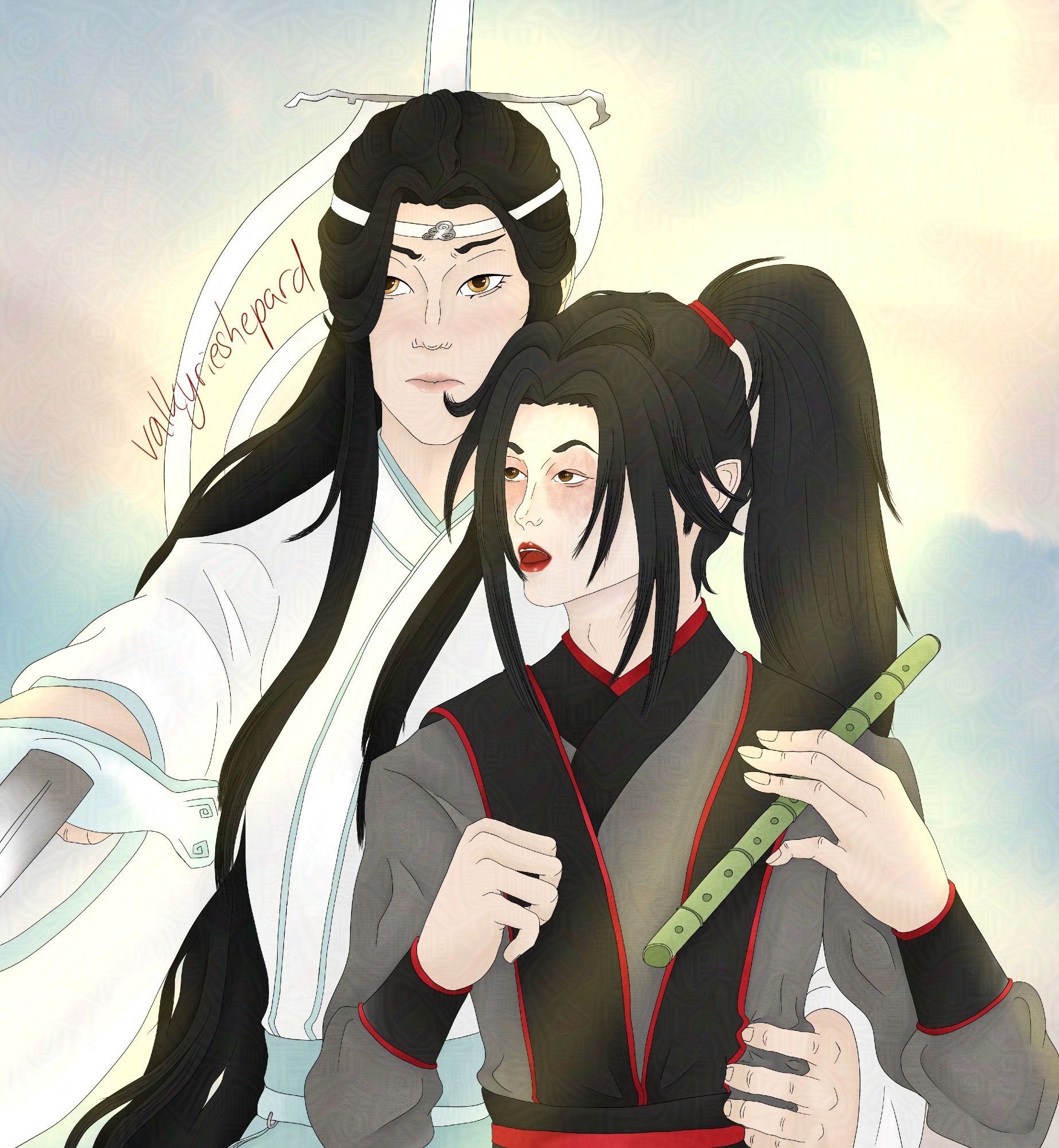 mdzs fanart. lan wangji grabs wei wuxian, who is in mo xuanyu's body, and protects him, brandishing his sword. wei wuxian is almost dropping his flute, looking surprised.