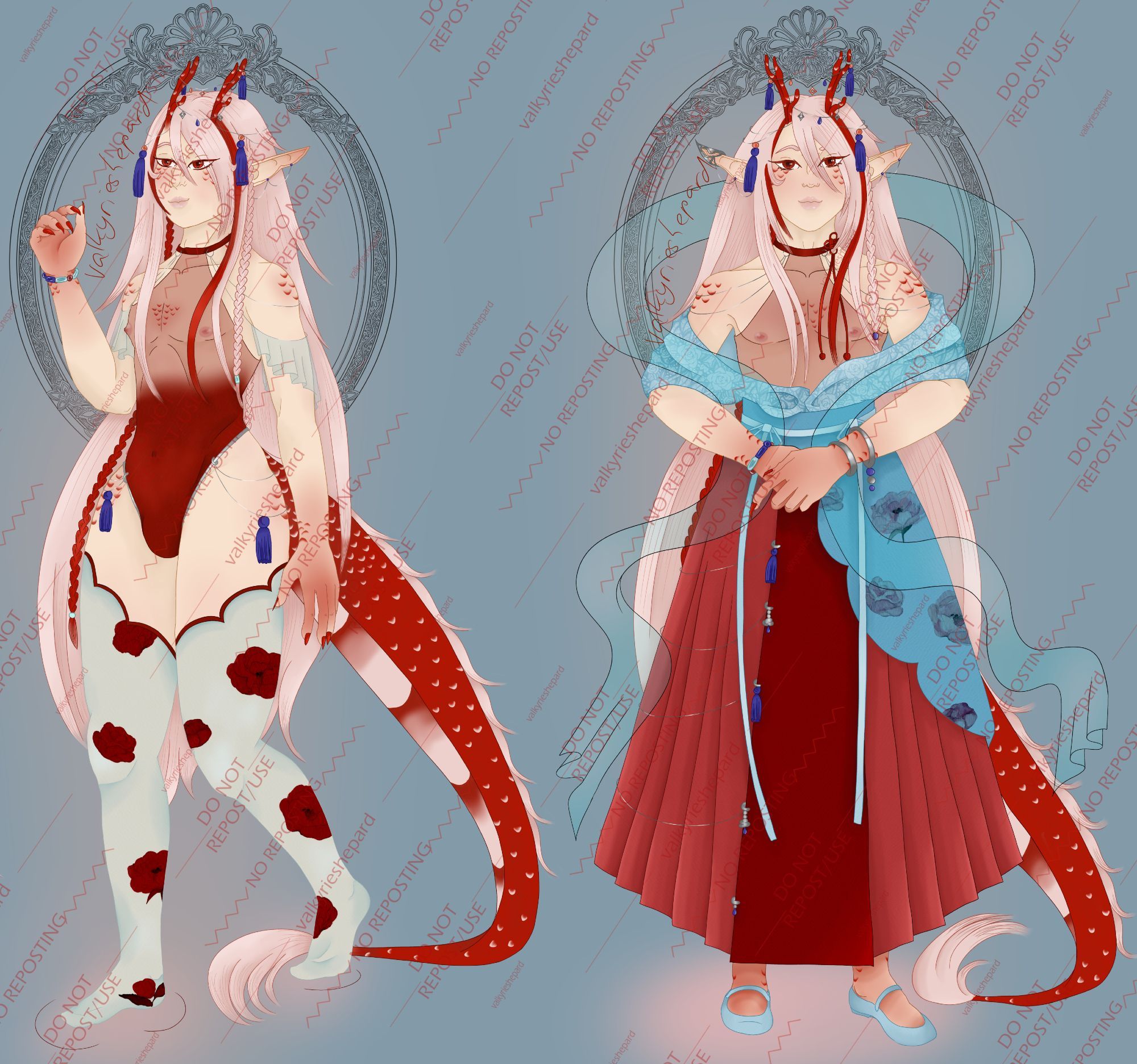 character design of oc xue. a pale feminine short man with red dragon horns and tail. he shows off two outfits, one is just a bodysuit, the other a red and blue hanfu.