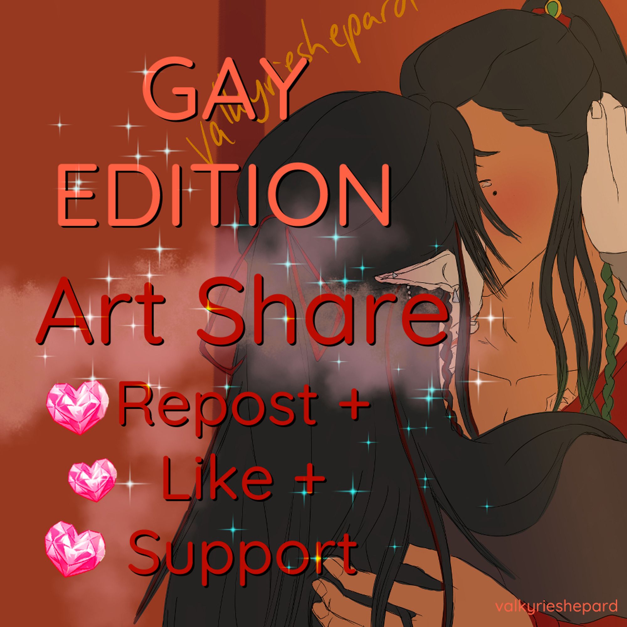 art share showing two black haired characters kissing. text: gay edition - art share - repost + like + support