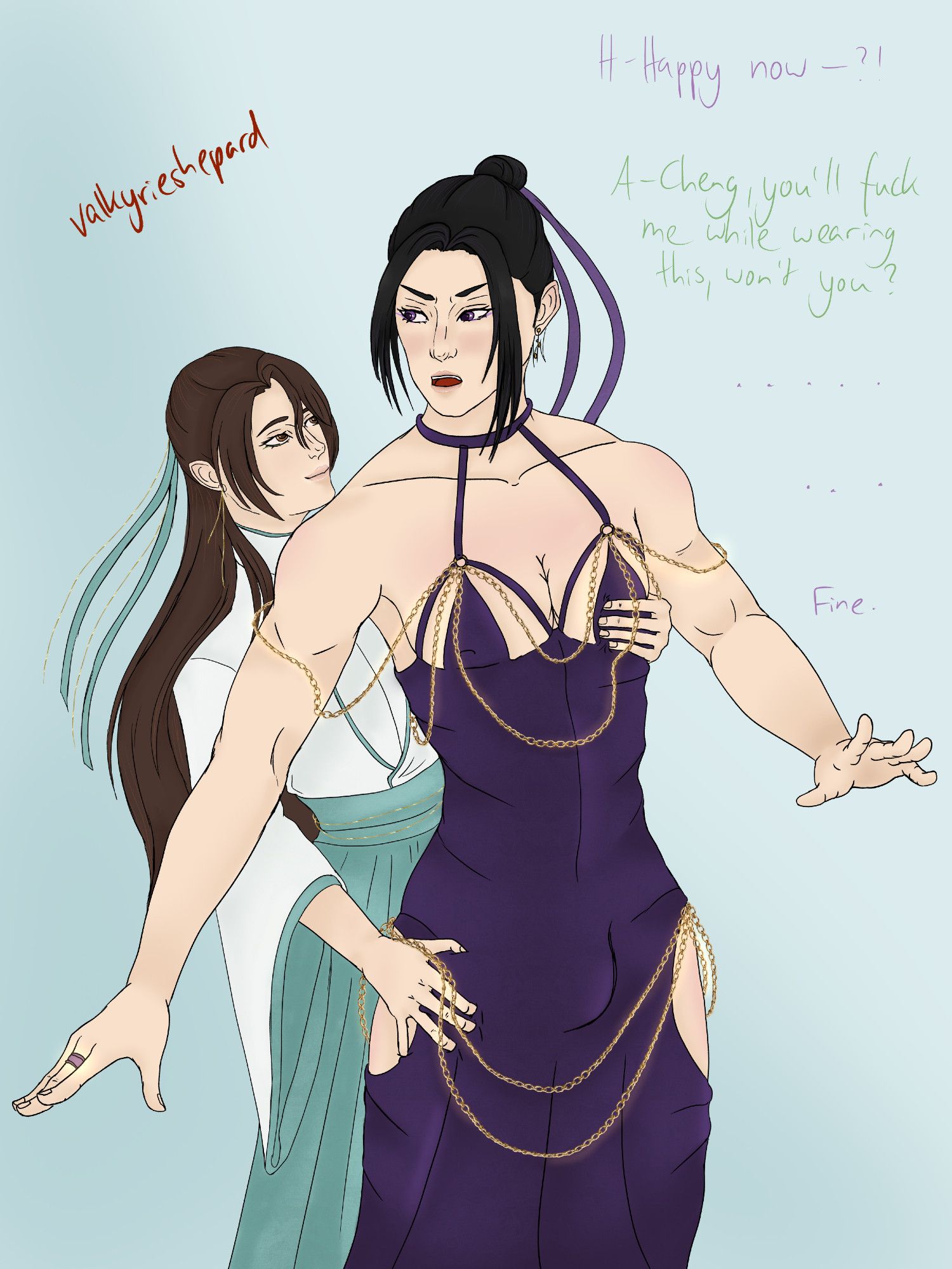 nie huaisang groping jiang cheng wearing a revealing purple dress from behind. mdzs fanart.